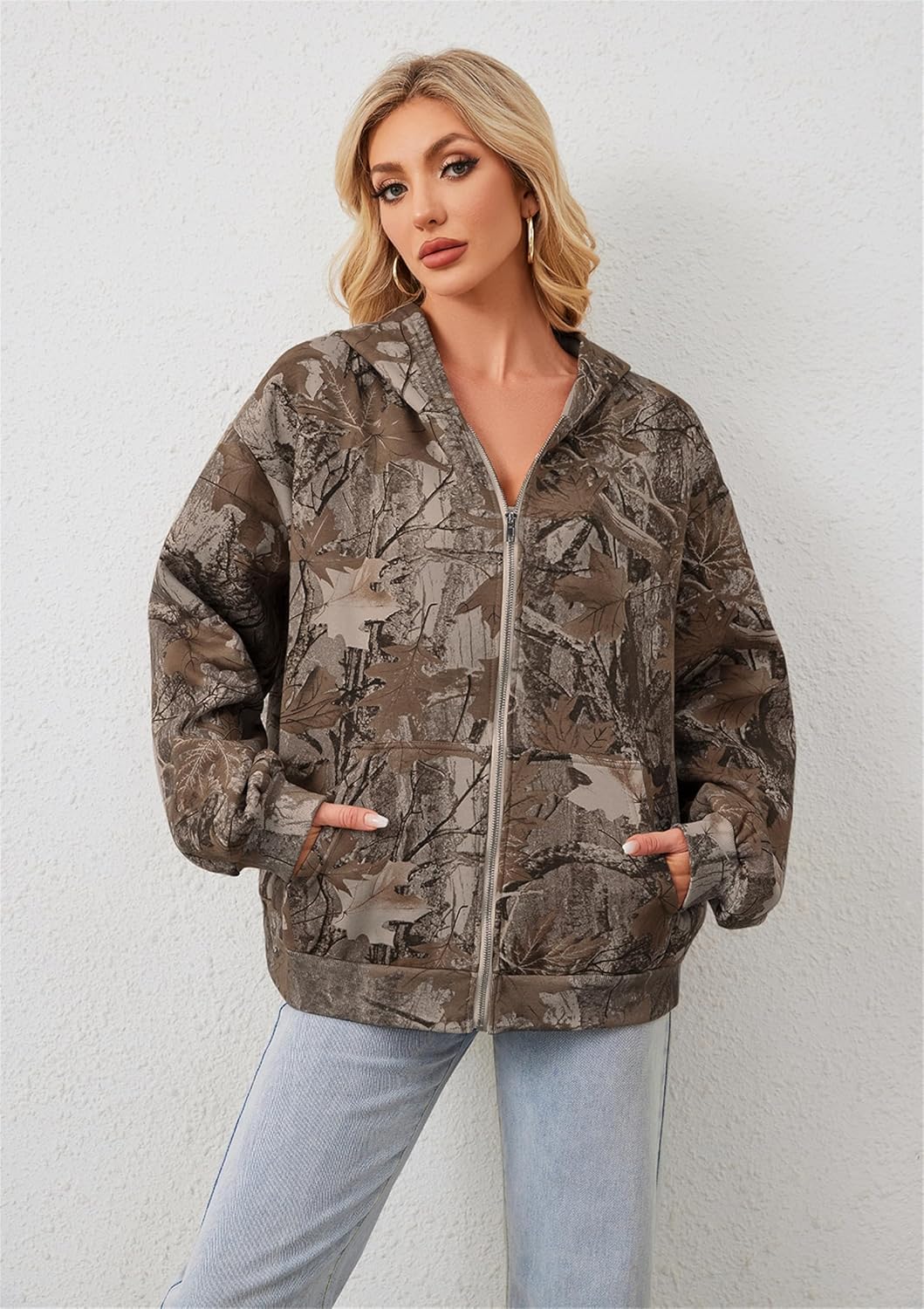 Camo Zip Up Hoodie for Women Men Oversized Maple Leaf Print Fleece Jacket Camouflage Long Sleeve Hooded Sweatshirt - Image 2
