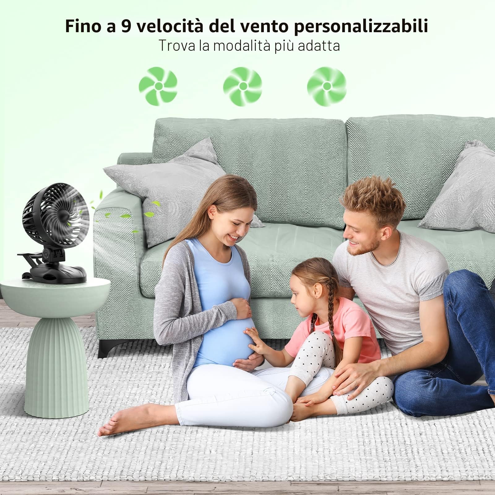OUILA Ventilatore USB, Mini Ventilatore da Tavolo, 9 Velocità Fan con Clip, Rotazione a 360° Piccolo Fan per Camera da Letto, Casa, Ufficio, Auto, Campeggio - Nero (USB Alimentato)