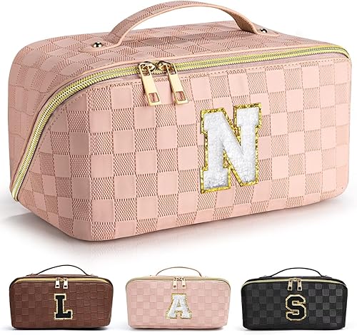 TOPEAST Bolsa de cosméticos a cuadros Bolsa de maquillaje, Rosado, 40