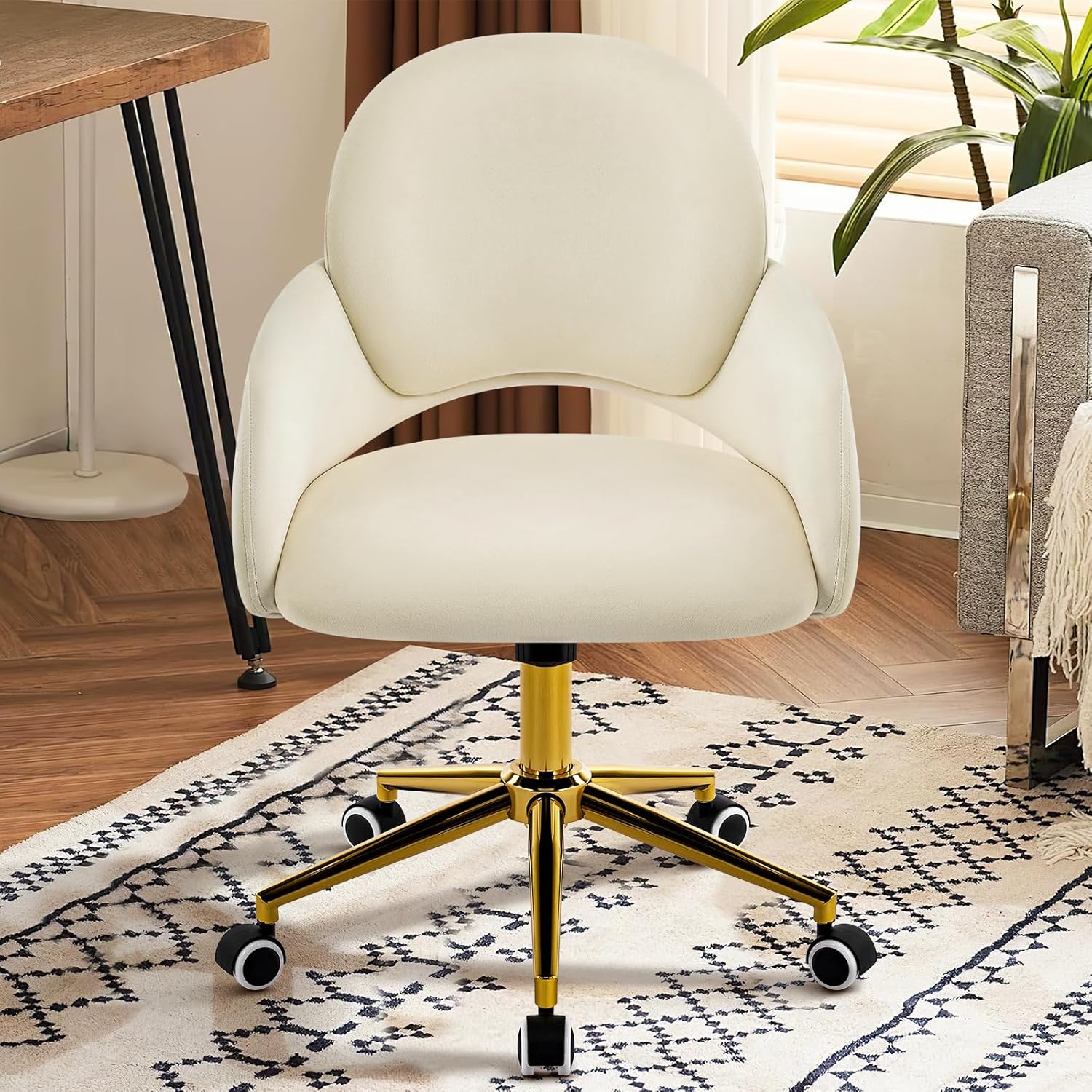 Furniliving Vanity Chair with Wheels, Cute Upholstered Office Chair with Hollow-Out Back, Height Adjustable Rockable Accent Chair with Gold Metal Base for Bedroom, Makeup Room, or Living Room (White)