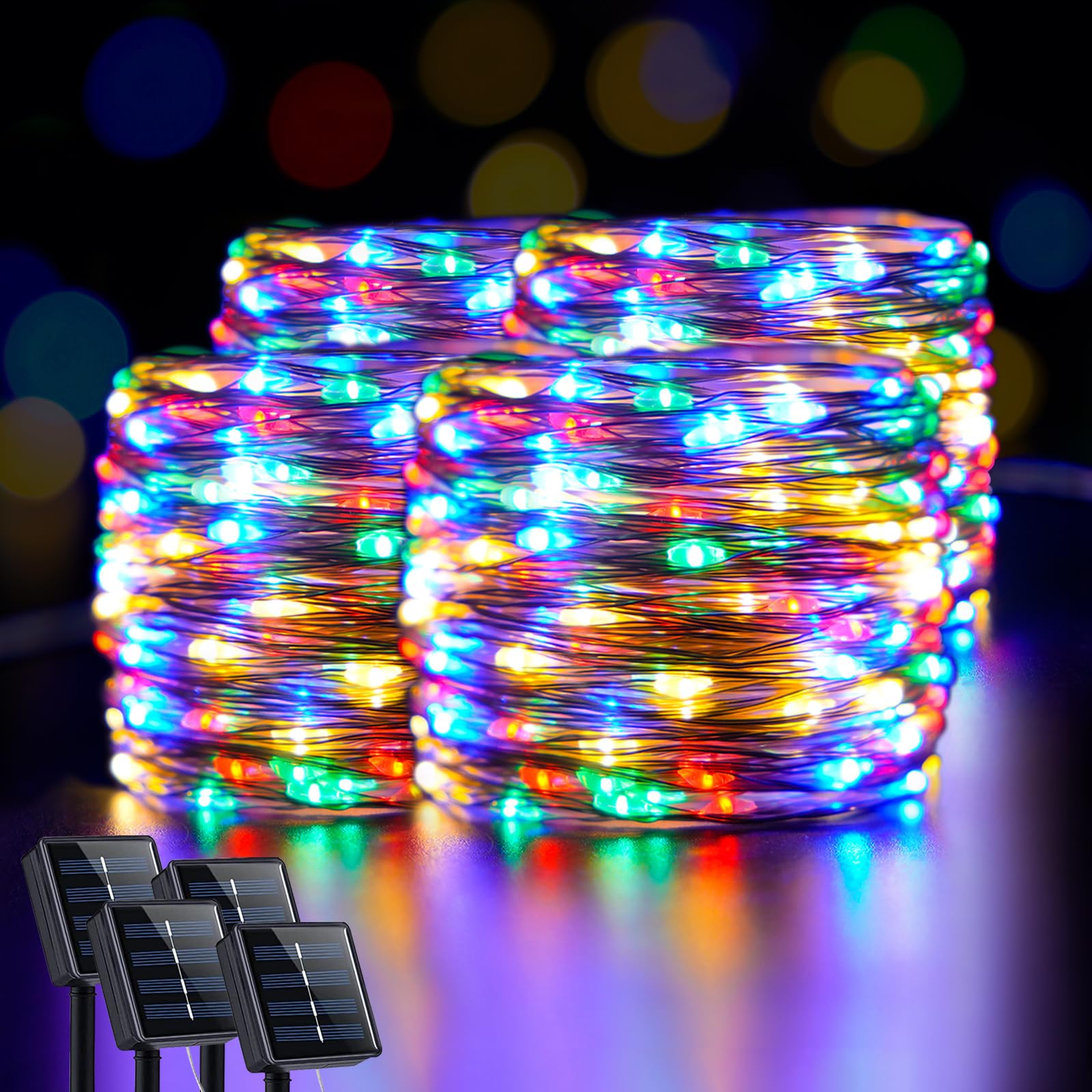JMEXSUSS 4 Pack Solar Fairy Lights Outdoor, Each 66ft 200 LED Multicolor Fairy Lights Solar Powered 8 Modes, Copper Wire Mini Solar String Lights for Tree Garden Patio Party Christmas Decorations