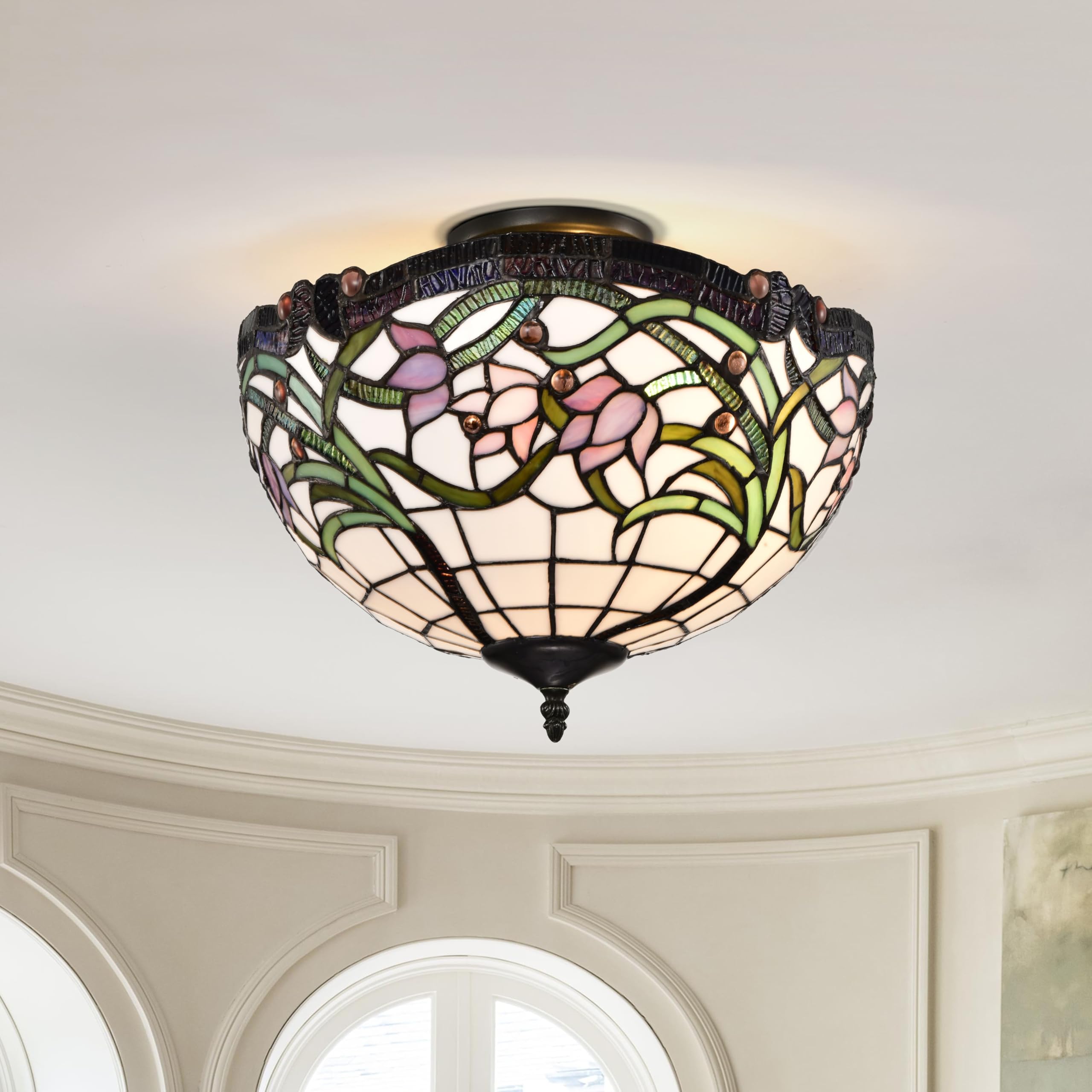 Tiffany Ceiling Light Semi Flush Stained Glass Art Deco Handmade Uplighter Shade Ceiling Lights for Living Room, Bedroom, Dining Room and Kitchen 16x11 Inches (WxH) (Wild Vine)