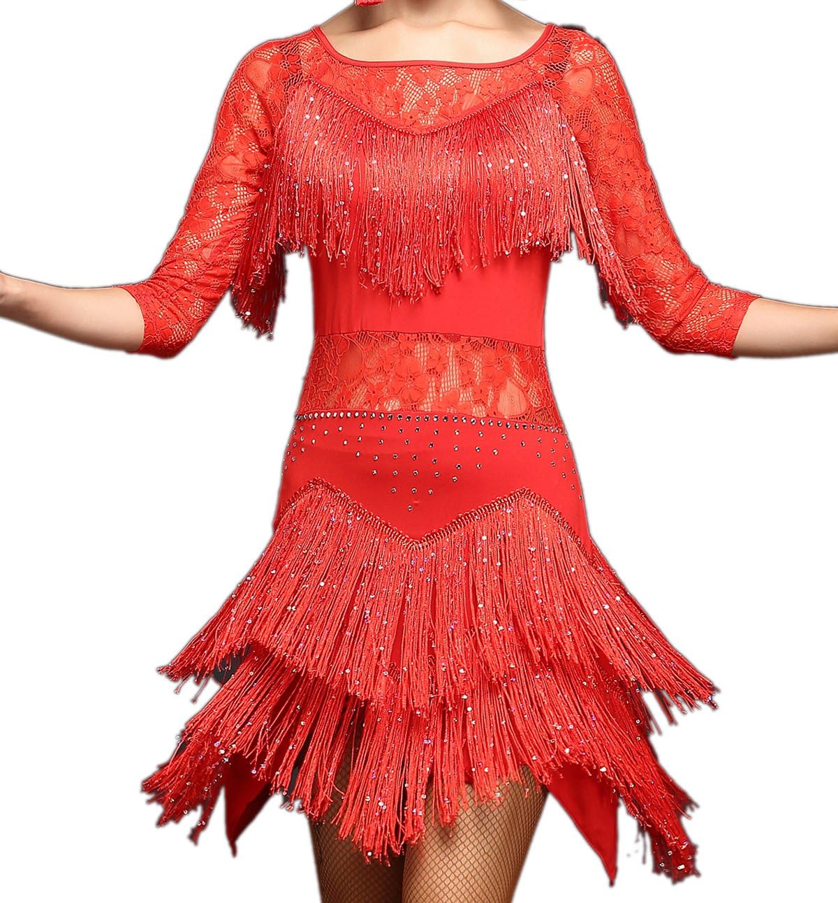 Whitewed Lace Fringes Dance Recital Salsa Latin Tango Dress Costume with Sleeves