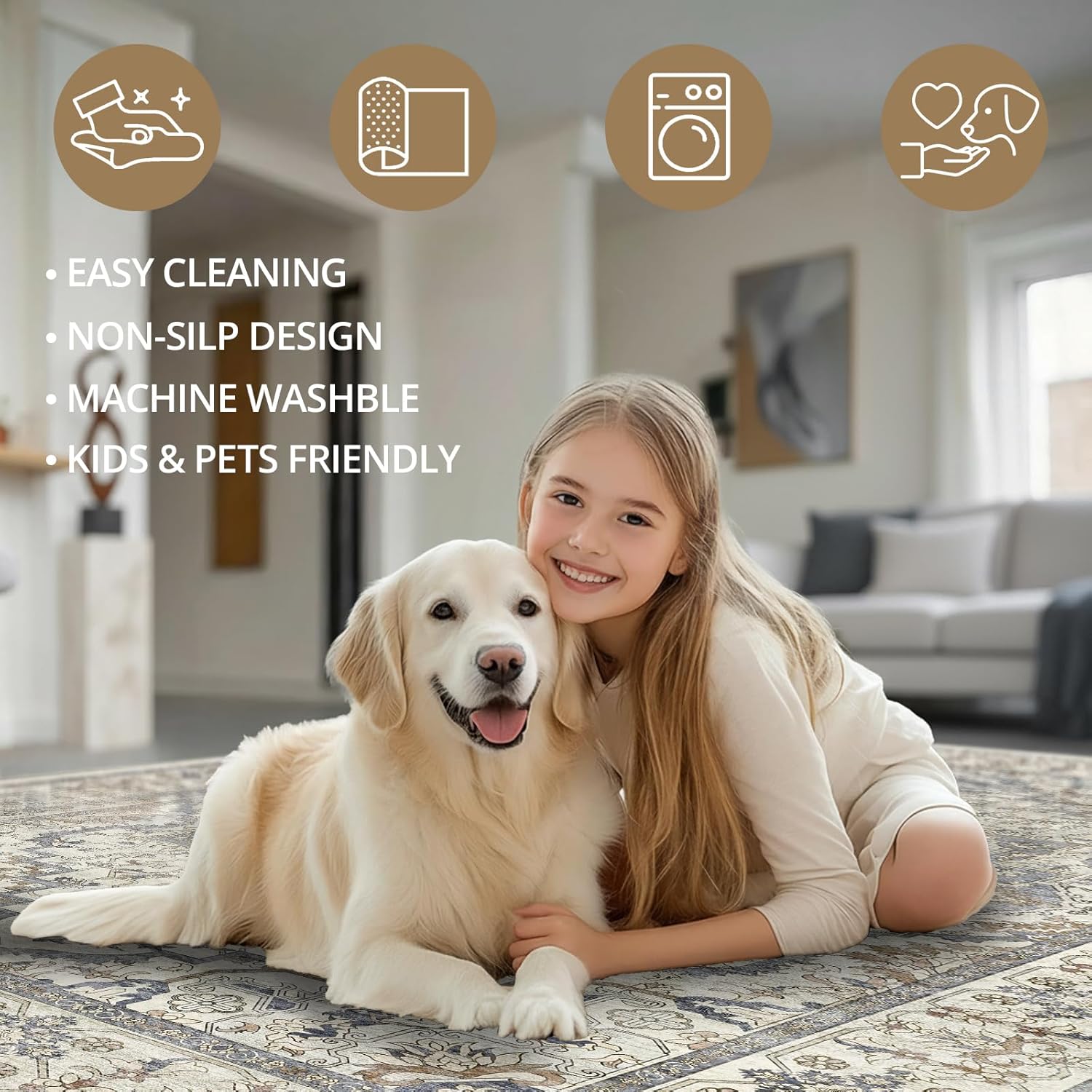 Washable Hallway Runner Rug - 2x6 Kitchen Rug Distressed Low Pile Mats Non Slip Soft Rugs for Dining Room with Rubber Backing Bedroom Runner with Vintage Design (Beige/Blue 2x6) - Image 8