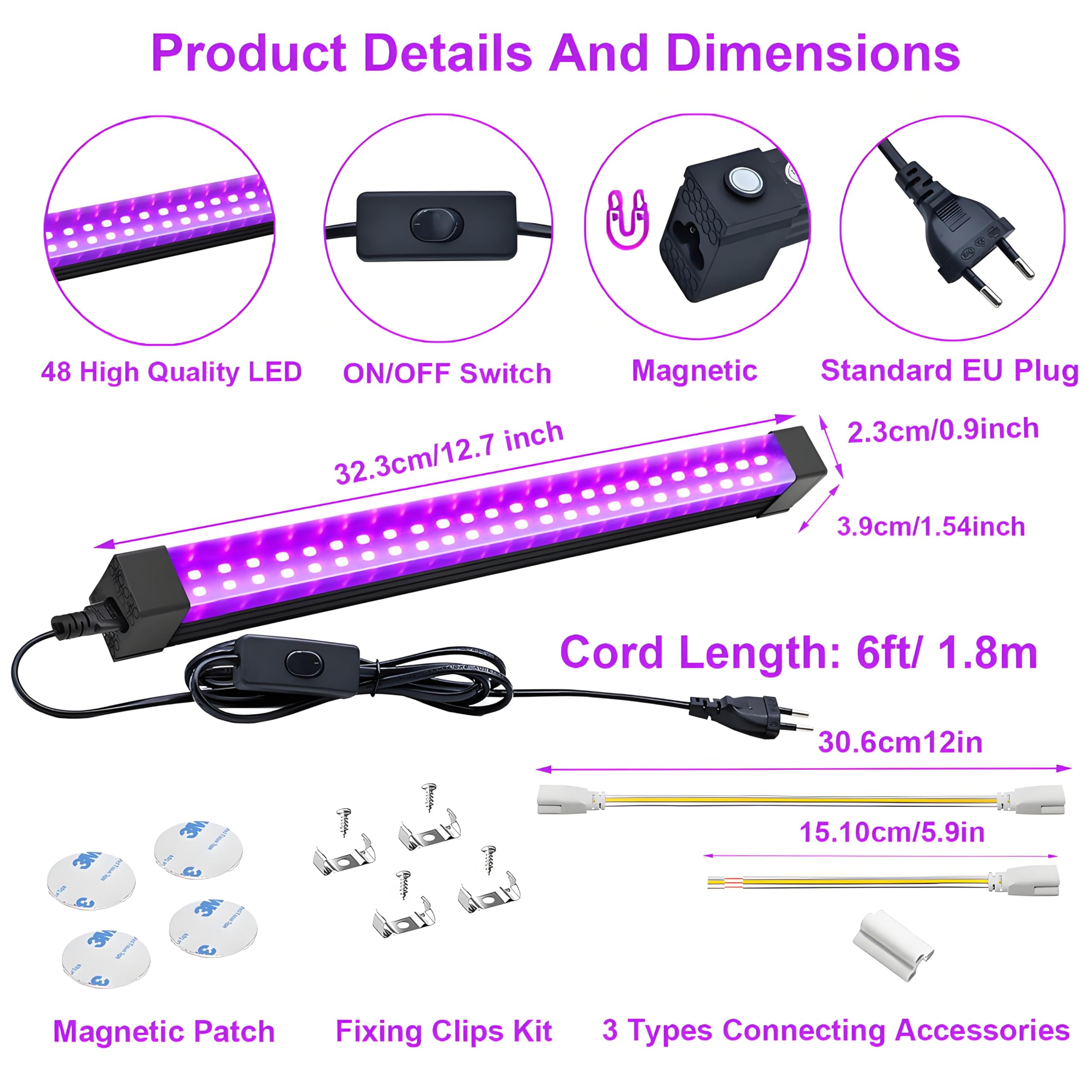 2 Pièces 15W LED Lumiere Noire, Barre de Lumières UV, barres de lumière noire portable, neon lumiere noire 395-405 nm pour Halloween, Noël Soirée, Body Painting Peinture, Disco