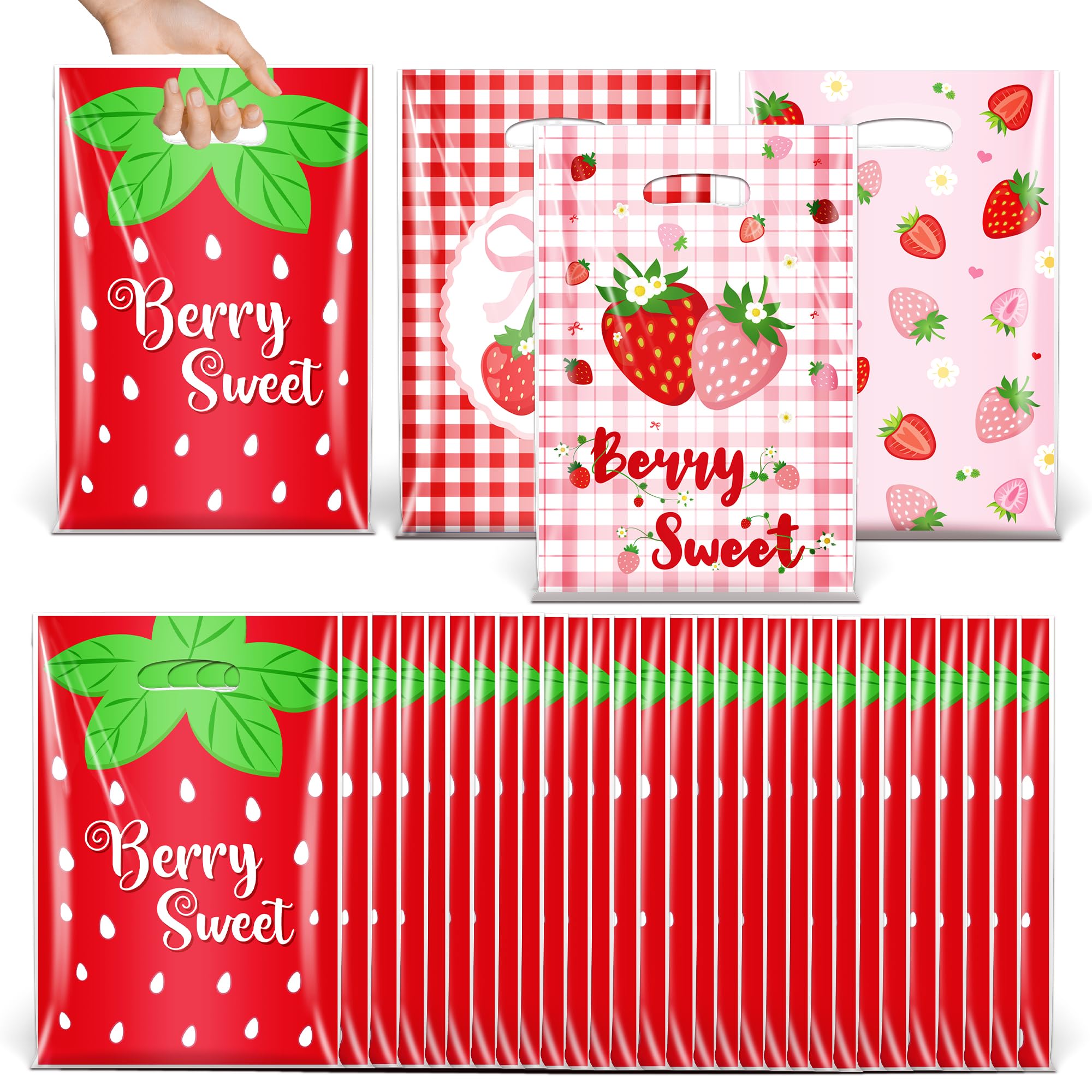 40Pcs Strawberry Goodie Bags,9.8x6.6Inch Red Plastic Strawberry Candy Party Favor Bags with Handles,Pink Bow Berry Sweet Gift Bags for Birthday,Baby Shower,Summer Themed Party Wedding Decor Supplies(40)