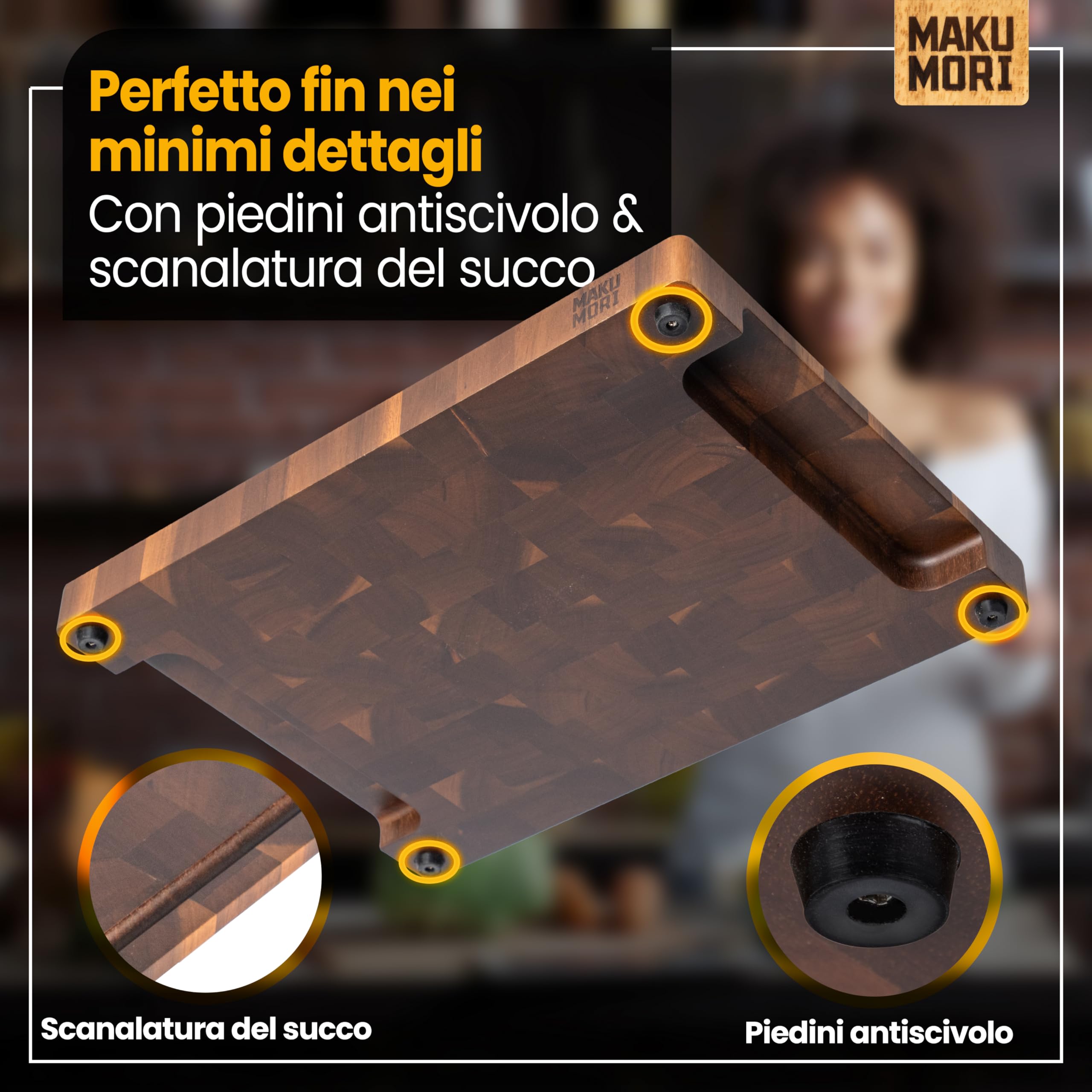 Premium Tagliere Legno di Testa 40x29x3cm Acacia Scuro | Tagliere da cucina in acacia carbonizzata; FSC®; scanalatura per succhi; ampi manici; piedini in gomma antiscivolo
