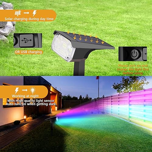 Miniatura 2 de Paquete de 6 focos solares para exteriores que cambian de color, 38 LED, luces solares para caminos de paisaje, luces USB y energía solar, luces