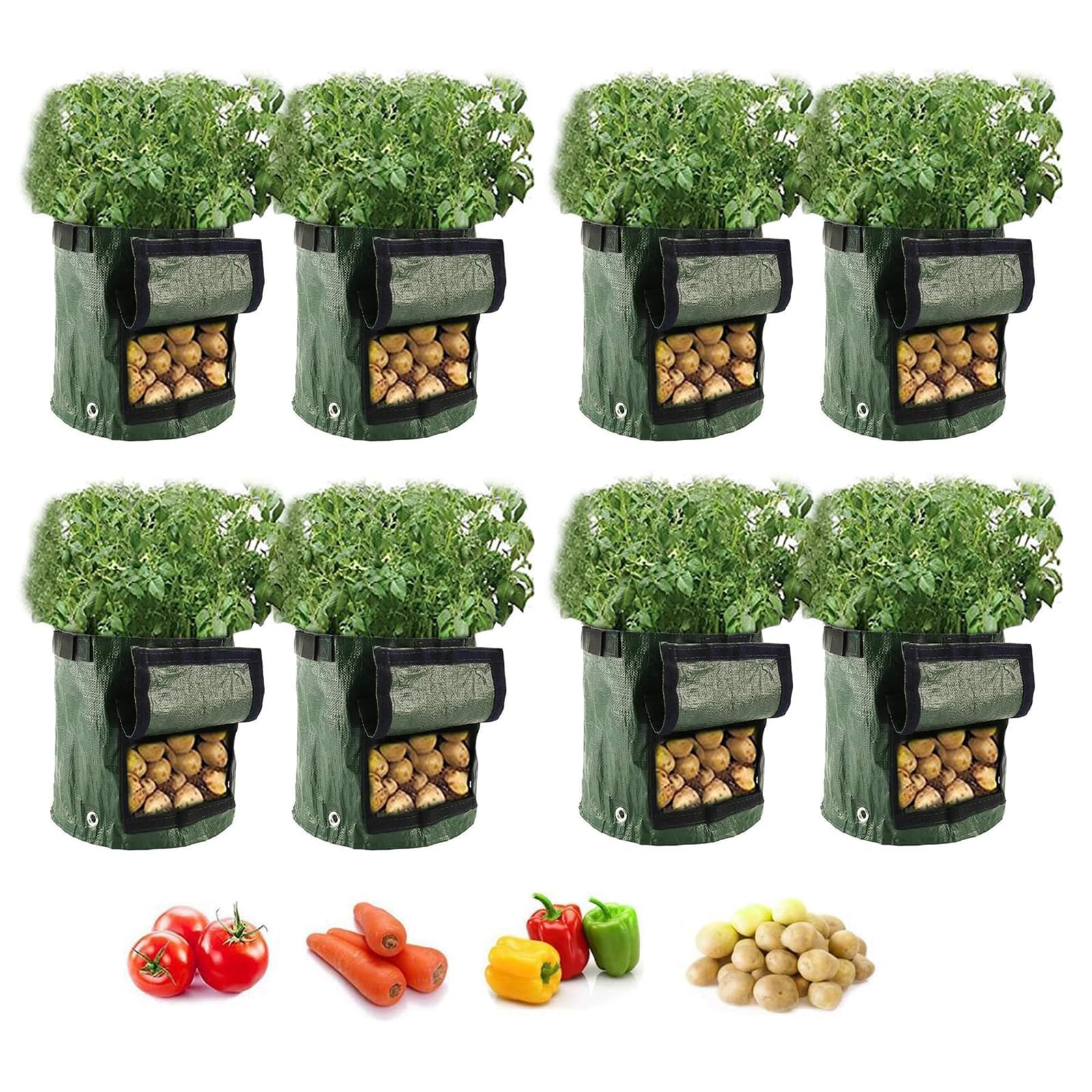Potato Grow Bags Set 8 Pack 10 Gallon Plant Growing Bags for Vegetables Durable Root Friendly Vegetable Planting Bag with Strap Handles and Access Flap Window for Potatoes, Tomatoes, Strawberry