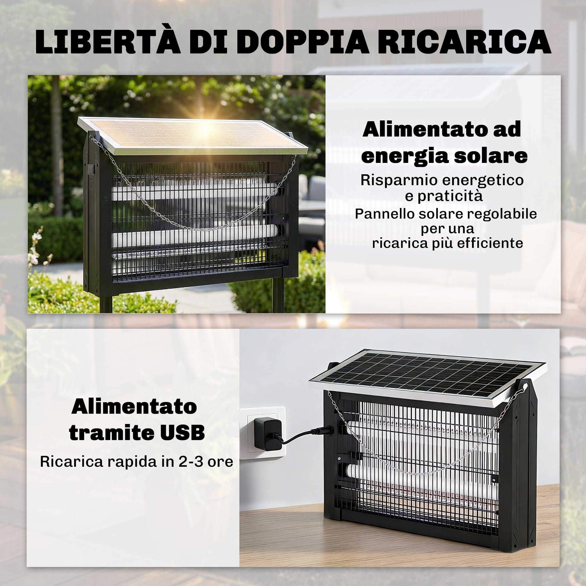 Outsunny Lampada Antizanzare da Esterno, Zanzariera a Energia Solare, Ricarica USB Interna, Luce Anti Insetti Elettroinsetticida con Rete di Protezione, 45x18x90 cm, Nero