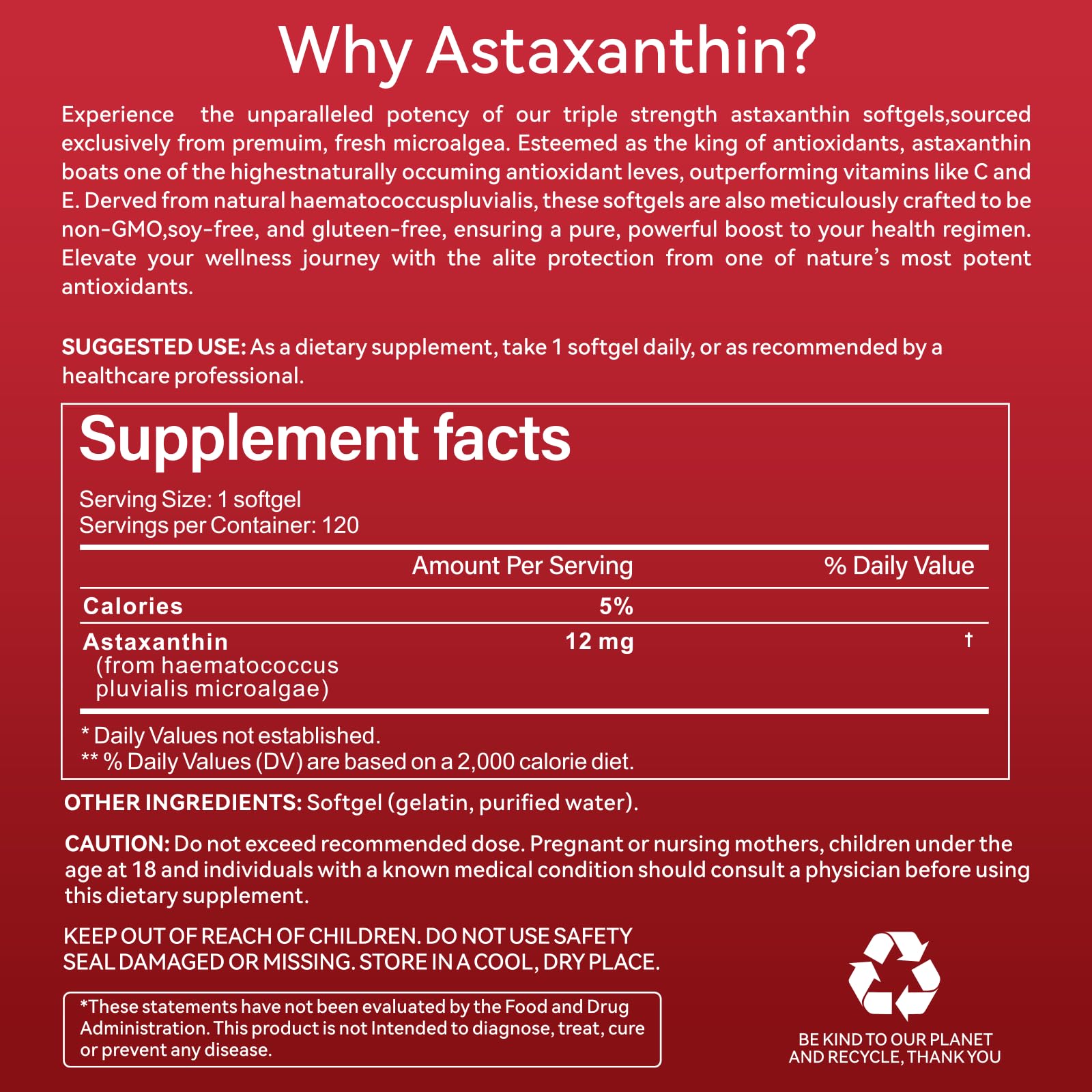 Premium Astaxanthin Supplement 12mg - Powerful Antioxidant Formula for Eye Skin Health Immune Function Internal Circulation Support - 120 Softgels — Amazon image 5