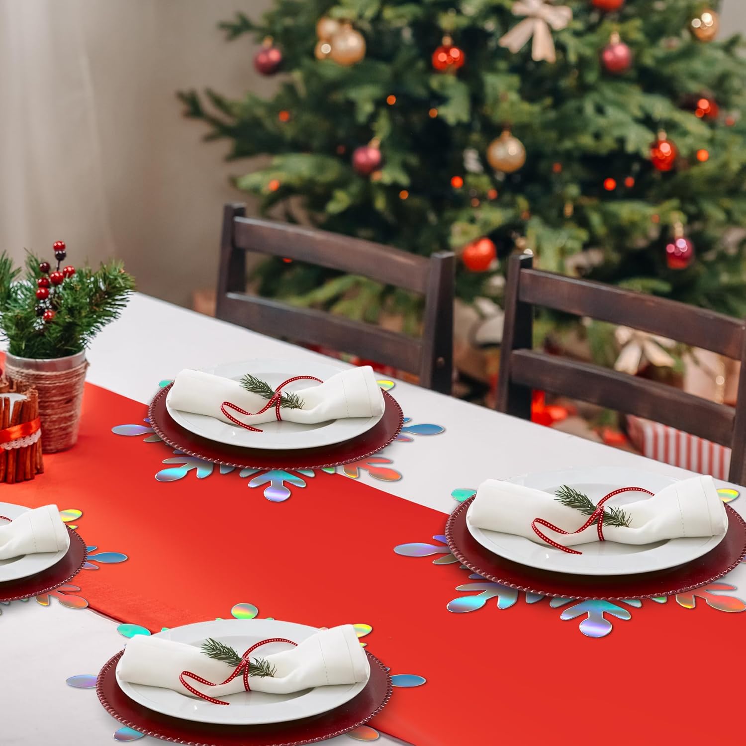 Christmas Snowflake Placemats Iridescent Snowflakes Disposable Paper Place Mats Winter Xmas 13 Inch Holographic Hollow Out Placemat for Wonderland Birthday Holiday Party Supplies (48, Iridescent)