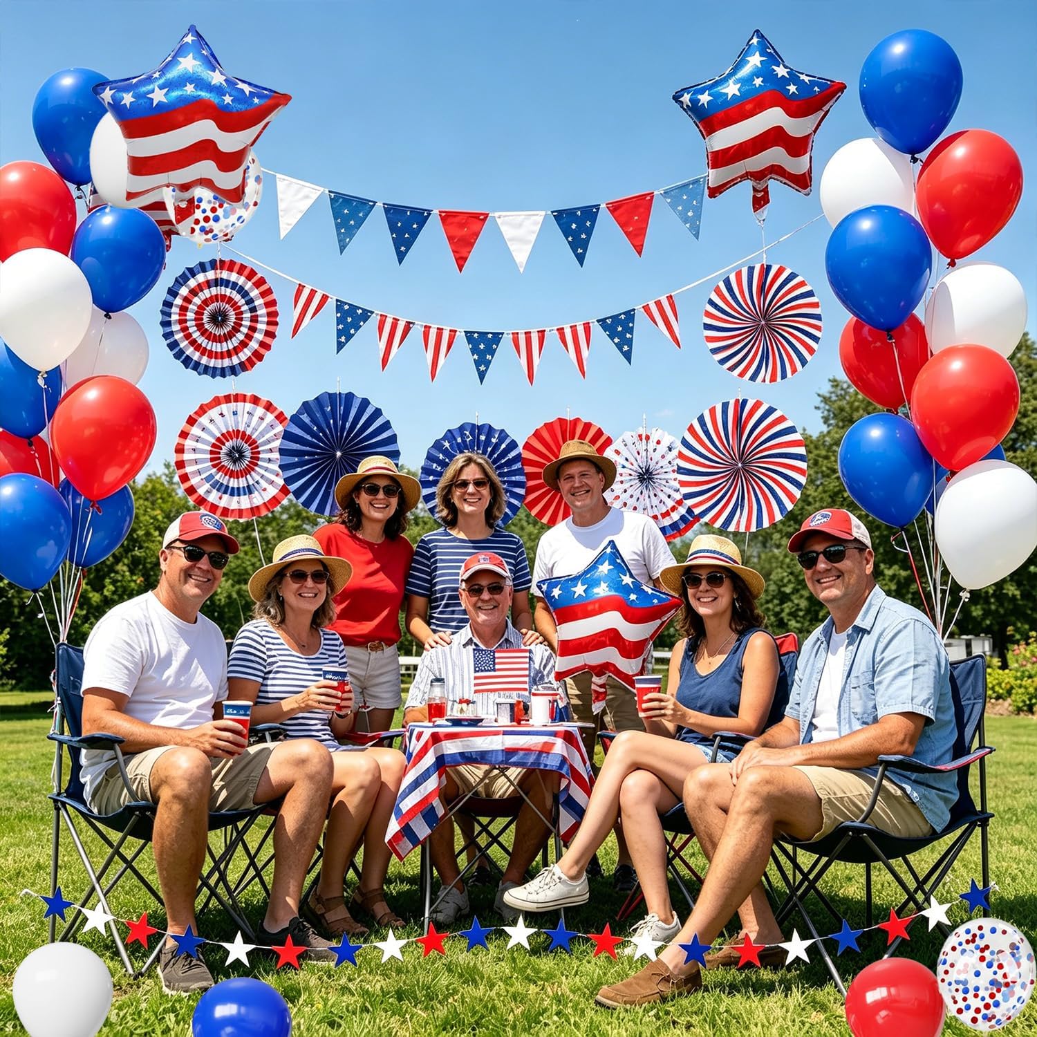 Patriotic Decorations 4th of July Balloon Arch Decorations Banner Red White Blue Paper Fans Star Streamer Pom Poms Hanging Swirls for Veterans Labor Presidents Flag Memorial Day
