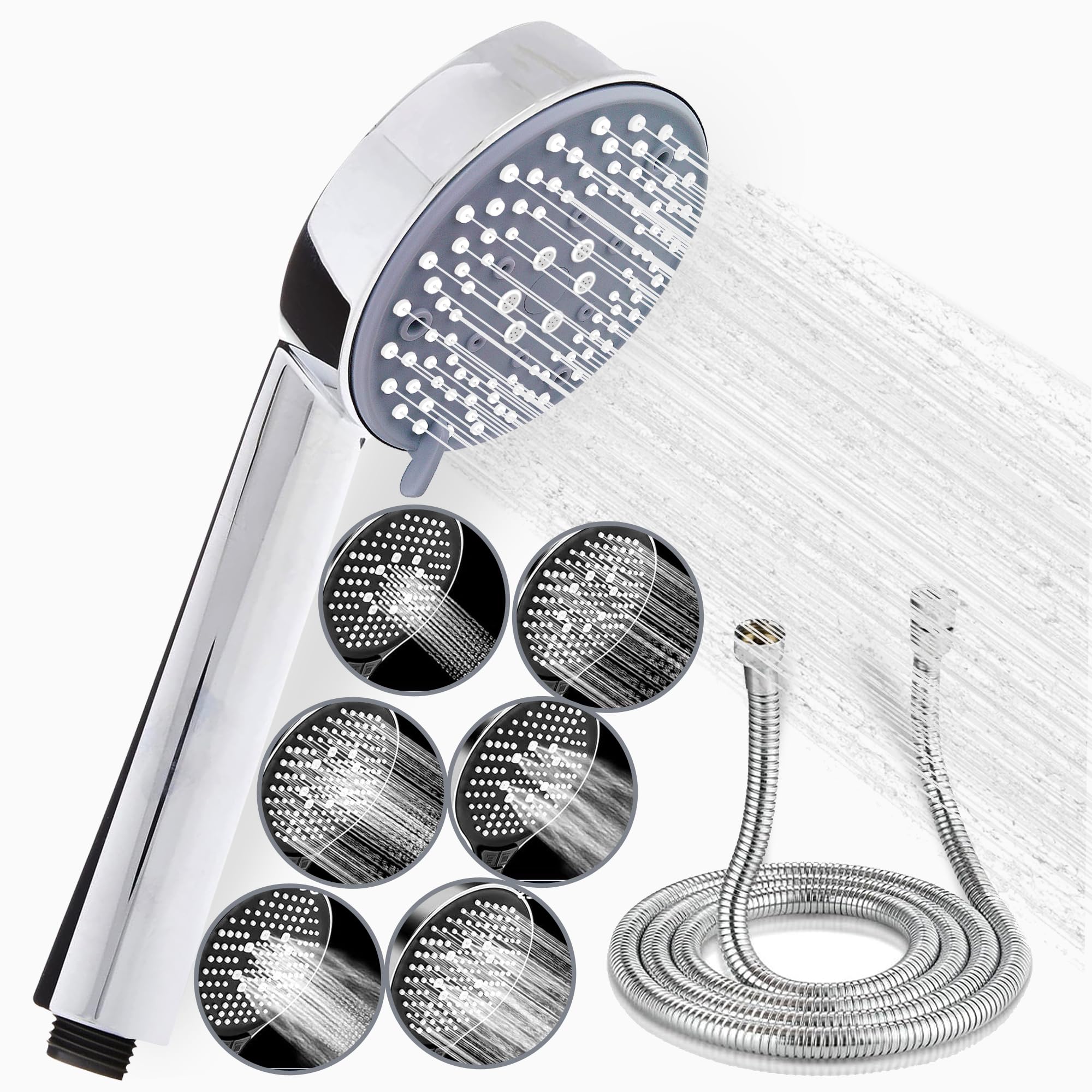 Shower Head 7-Mode High Pressure with Hose & Holder Powerful Handheld Turbo Design with Hose and Holder Set