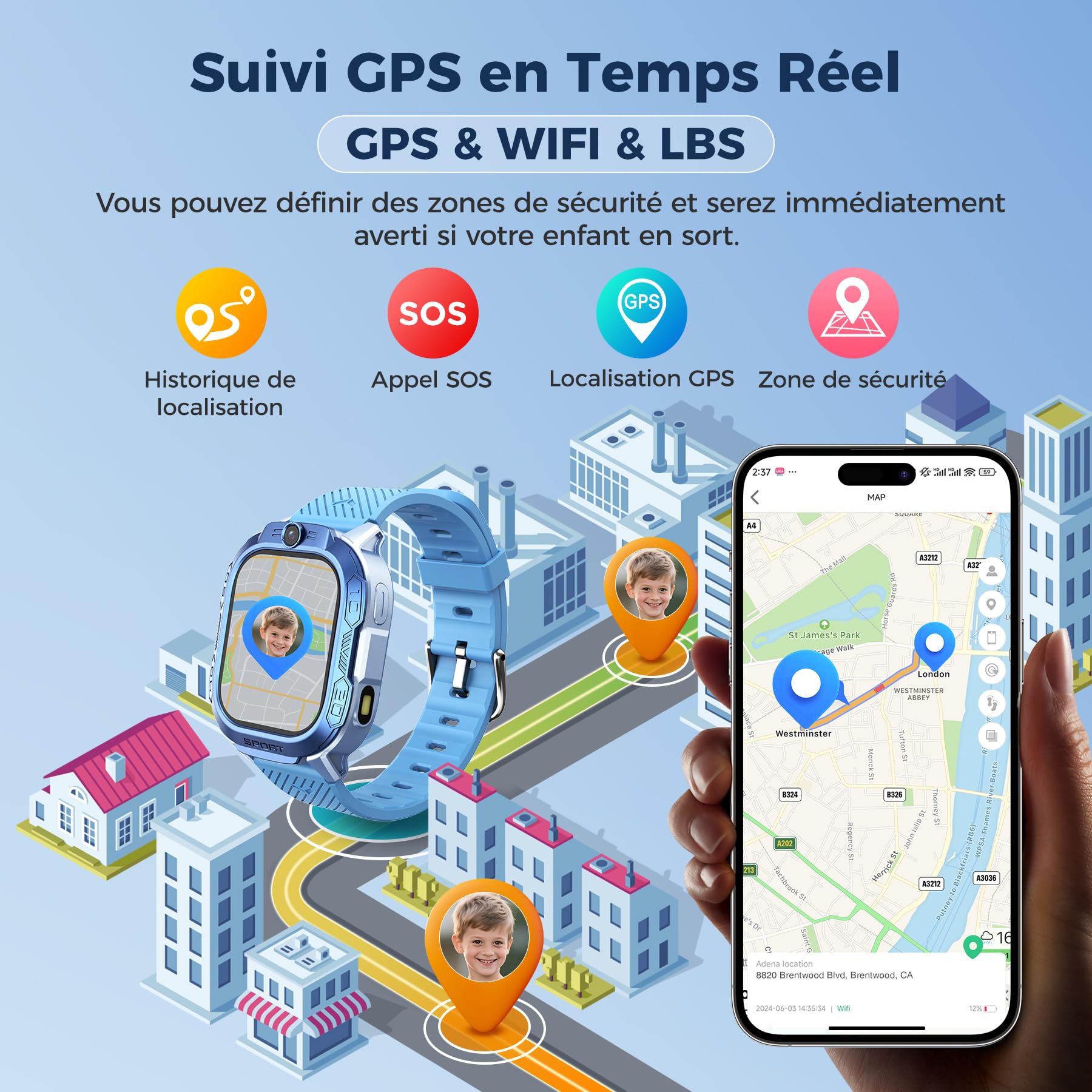Montre Connectée Enfant GPS et Téléphone – ChatGPT AI Montre Intelligente avec Appels Vidéo, Chat Vocal, SMS, WiFi, 47 Jeux, Mode Scolaire, 4 Modes Sportifs, Cadeau pour Enfants dès 4-13 Ans (Bleu)