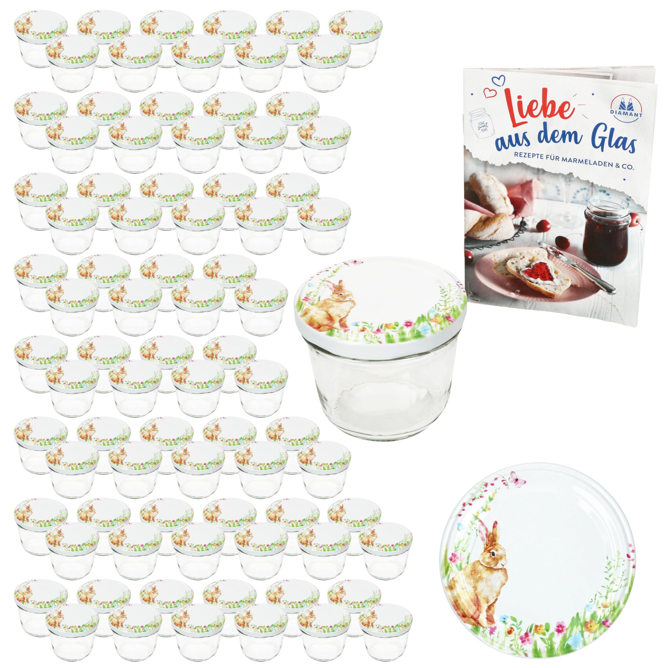 MamboCat 100er Set Sturzglas 230 ml mit Schraub-Deckel Osterfreude I Einmachgläser + to 82 Deckel mit Hasen & Blumen I Ostern I inkl. Diamant-Zucker-Rezeptheft I einkochen