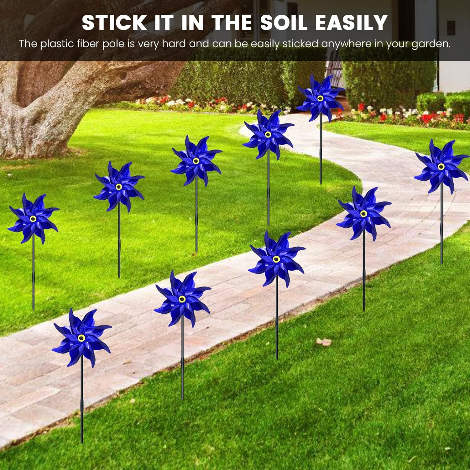 10 PCS Reflective Pinwheels for Yard and Garden Bird Devices Pre-Installed Sparkly Wind Spinner Deterrent to Scare Birds Away from Yard Patio Farm (Blue)