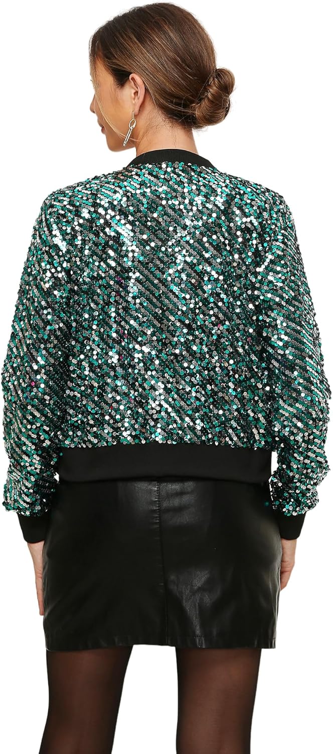 Women's Sequin Jacket Sparkly Cropped Bomber Long Sleeve Zipper Up Casual Party Blazer With Pockets