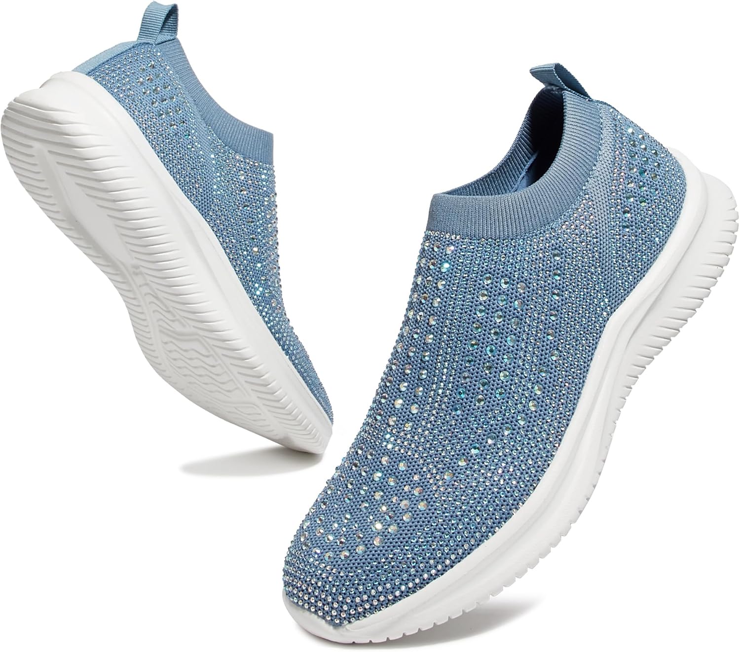 BELOS Women's Rhinestone Mesh Slip On Walking Shoes Fashion Breathable Spakle Glitter Sneaker