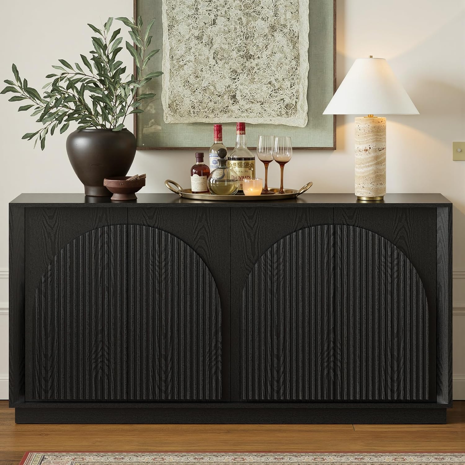 WIN2WIN 65" Fluted Sideboard Buffet Cabinet with Storage, Modern Credenza with Double-Layered Arch Doors, Wood TV Media Console Table Accent Cabinet for Living Room Dining Room Hallway Entryway, Black