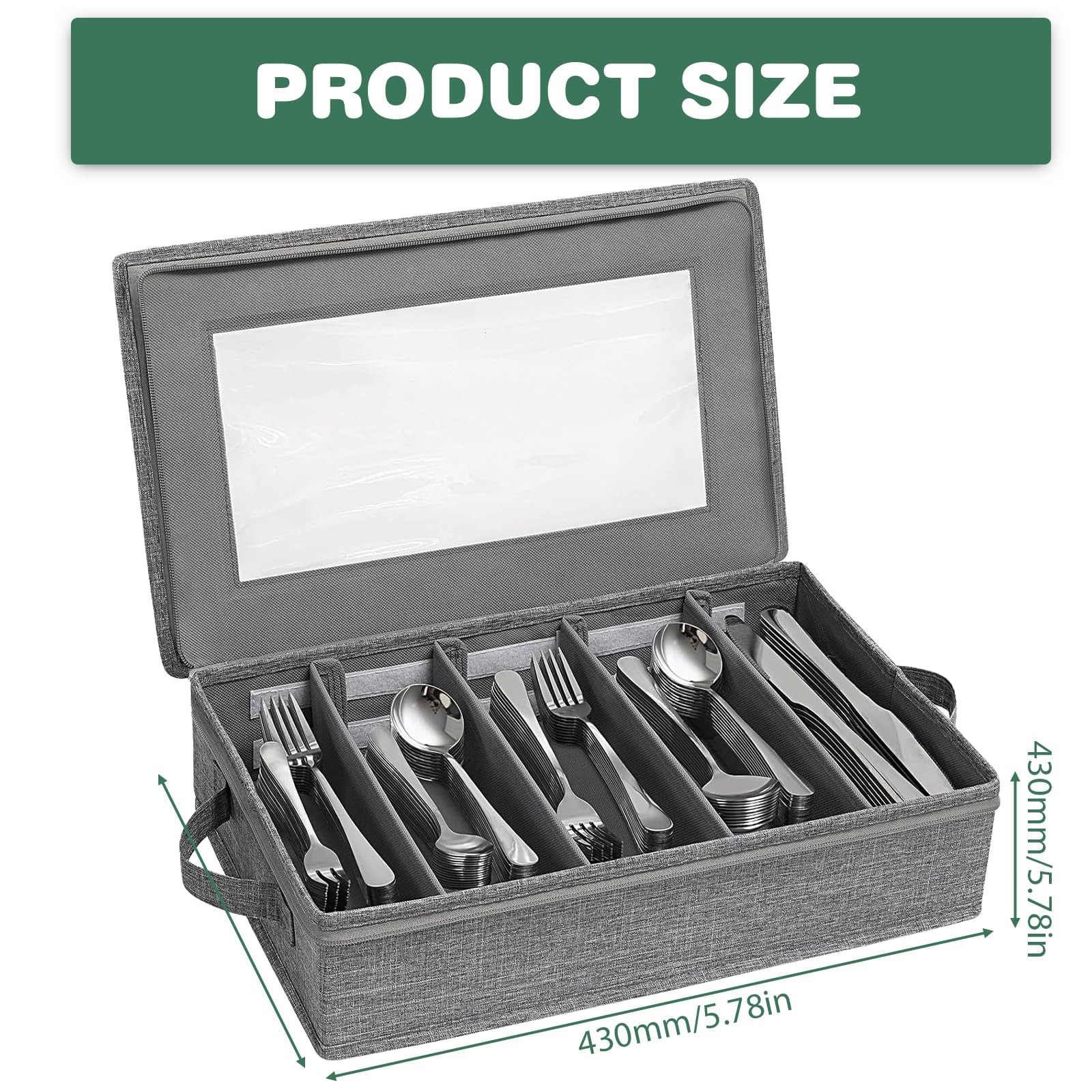 Portaposate con coperchio, contenitore per posate, scatola portaposate con 5 scomparti regolabili, per coltelli, forchette, cucchiai, cucina, ristorante e campeggio (43 x 26 x 10 cm)