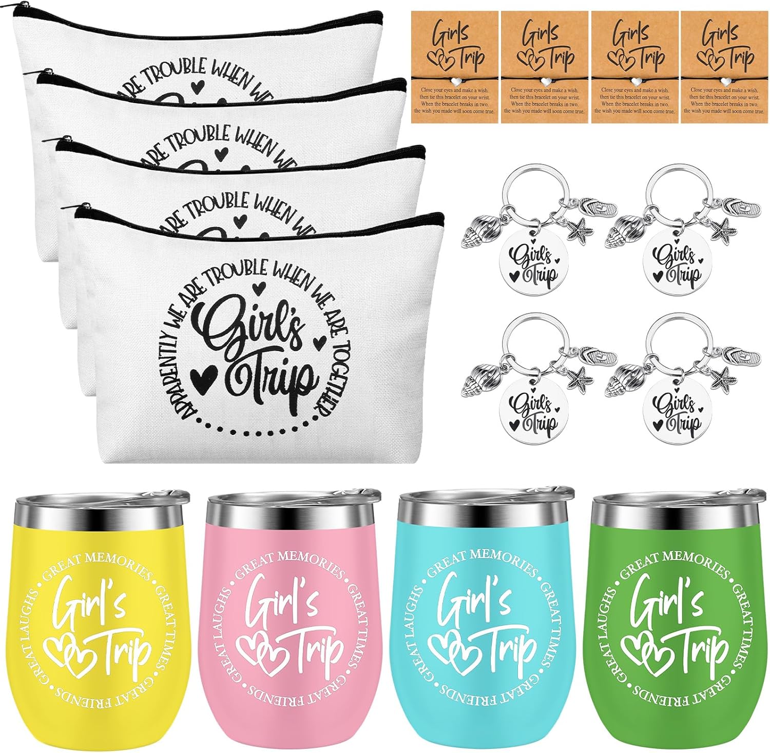 Maxcheck 16 Pcs Girls Trip Gifts Set Include Girl Trip Tumbler Cosmetic Bag Keychains Bracelets and Cards for Girls Weekend Bachelorette Travel Vacation Party Favors