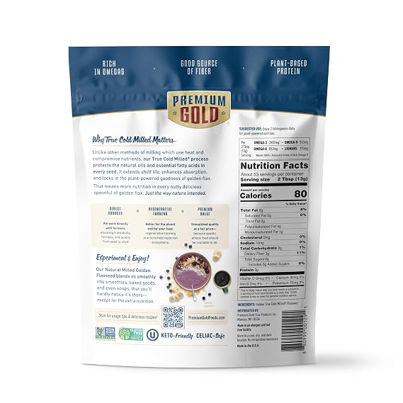 Premium Gold Whole Milled Flaxseed 24 oz, Gluten-Free, Non-GMO, Kosher, Fine Milled Flaxseed, High Fiber, Source of Omega-3, Plant-Based Protein, Ideal for Beverages, Baking & Topping