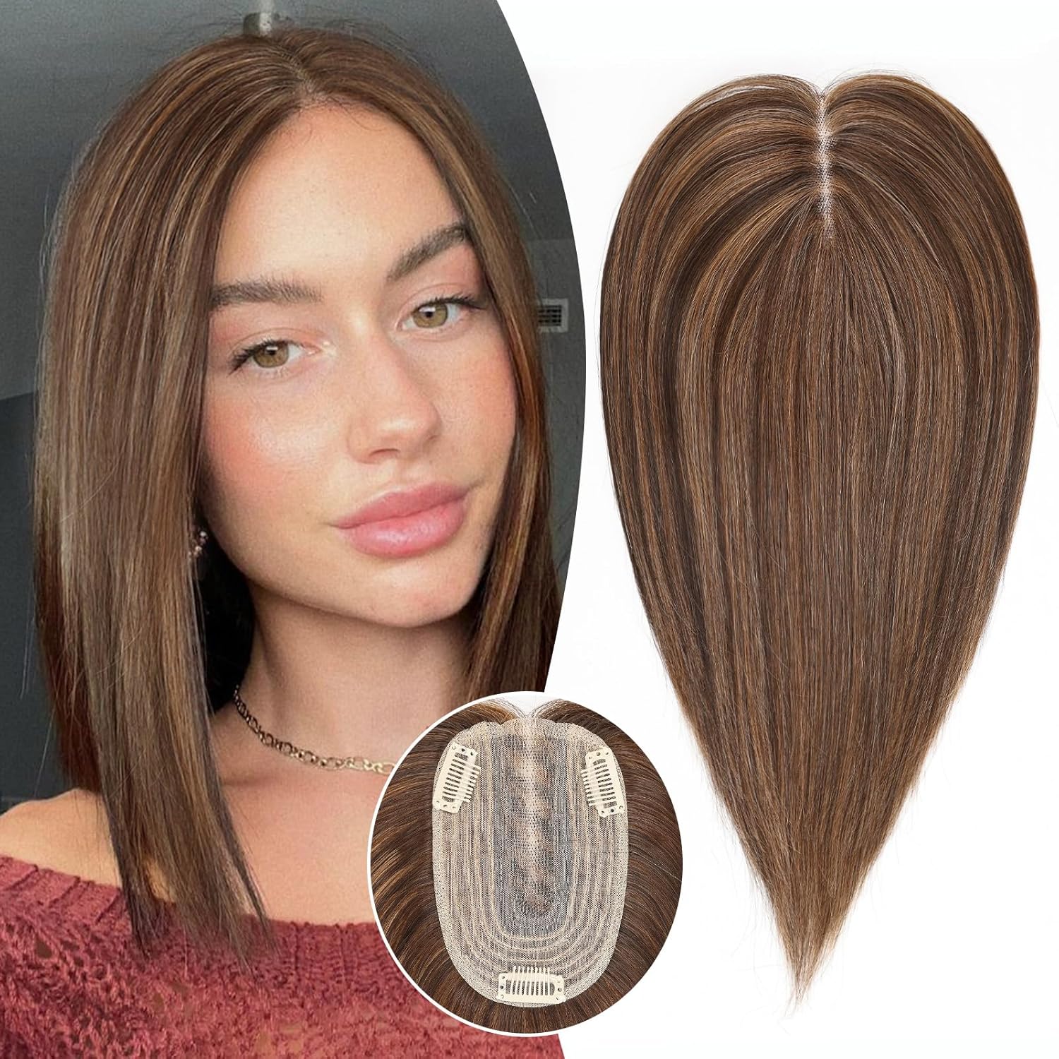 EMMOR 14 Inch Hair Toppers for Thinning Hair, Synthetic Hair Pieces with 3 Non-slip Clips and 5″×3.5″ Hand-Woven Base, HairPieces Adding Extra Hair Volume for Women with Hair Loss(Brown with Blonde)