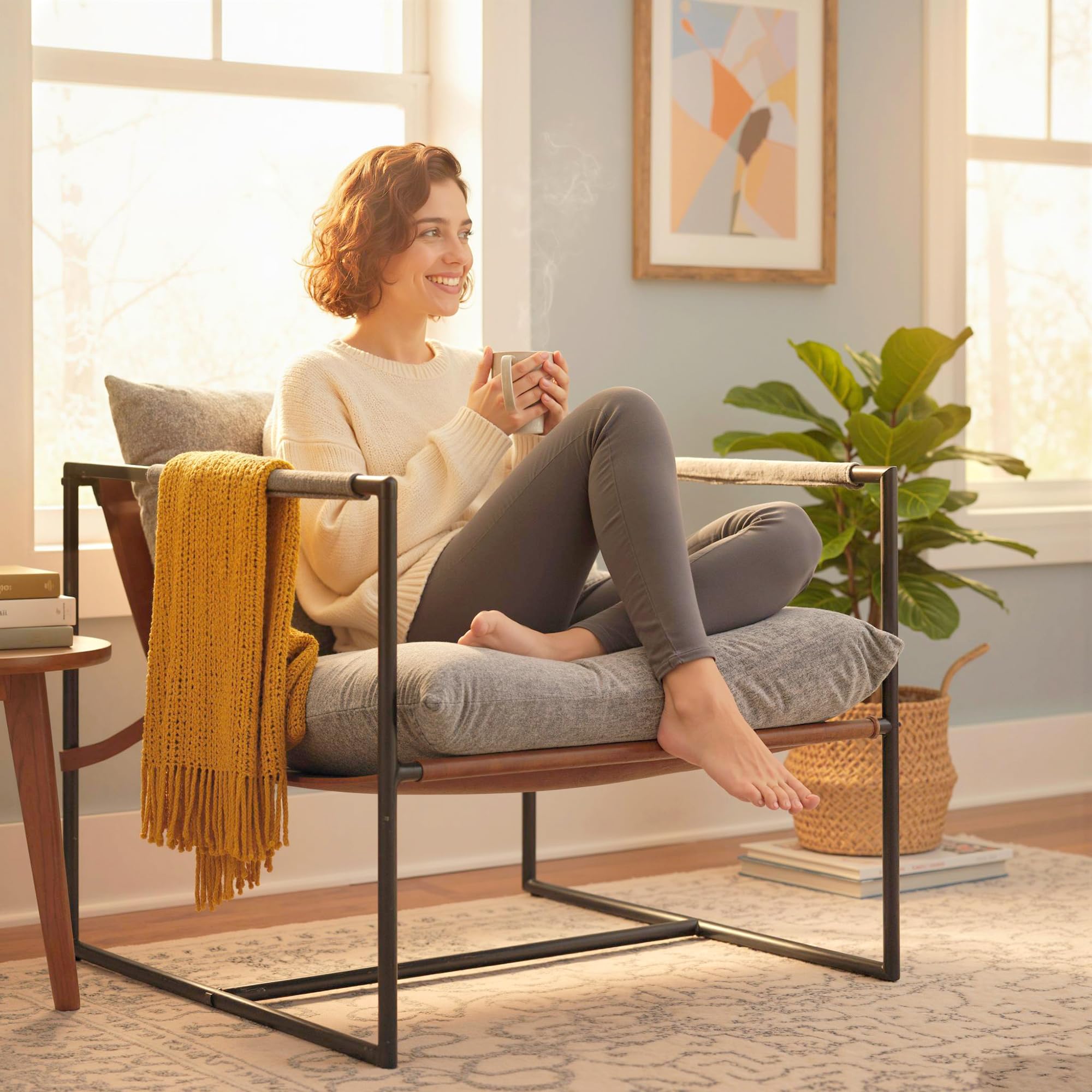 HOMCOM Fauteuil Salon, Fauteuil d'Appoint Rembourré en Tissu Bouclette avec Large Assise et Structure en Acier, Chaise de Salon, Chambre, Coin Lecture, Gris Clair