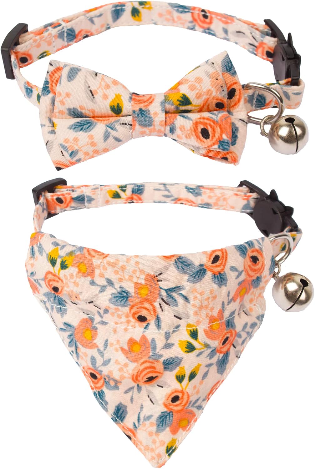 PTDECOR Bow Tie Cat Collar Bandana - 2 Pack Floral Cat Kitten Collar with Bowtie and Bandana Adjustable Cat Bow Tie Collar with Bell for…