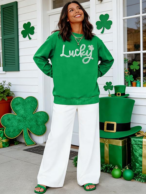 PICKID St Patricks Day Sweatshirt Women Lucky Shamrock Shirt Embroidered Striped Holiday Long Sleeve Pullover Tops Green by PICKID - Image 5