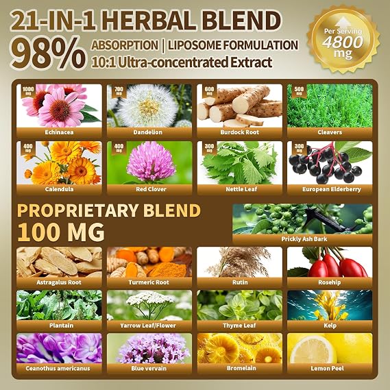 21-in-1 Liposome Lymphatic Drainage Supplements, 45 Day Supply, 4800mg Immune & Lymph System Support, 10:1 Concentrated Technology, Echinacea, Dandelion, Burdock, Bromelain, Calendula, 90 Capsules