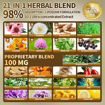 21-in-1 Liposome Lymphatic Drainage Supplements, 45 Day Supply, 4800mg Immune & Lymph System Support, 10:1 Concentrated Technology, Echinacea, Dandelion, Burdock, Bromelain, Calendula, 90 Capsules