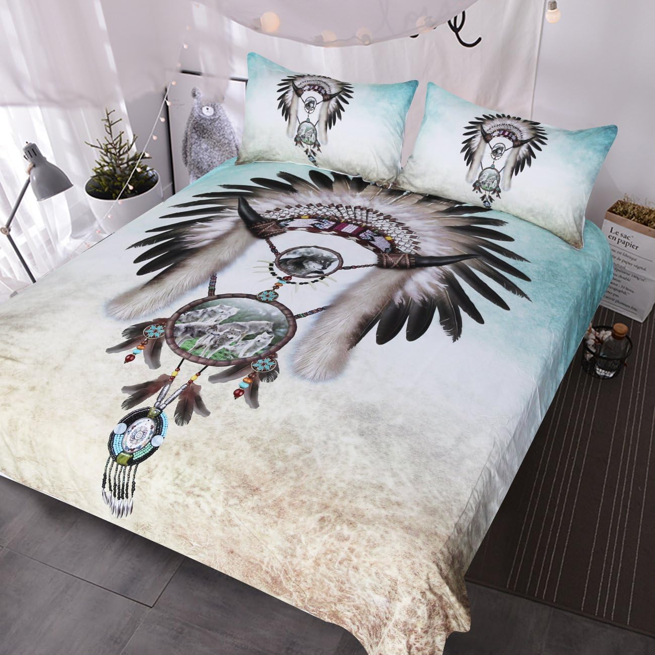 BlessLiving Wolf Dreamcatcher Bedding Dream Catcher Feather Beads Boy Western Bedding 3 Piece Gray Teal Blue Duvet Cover (King)