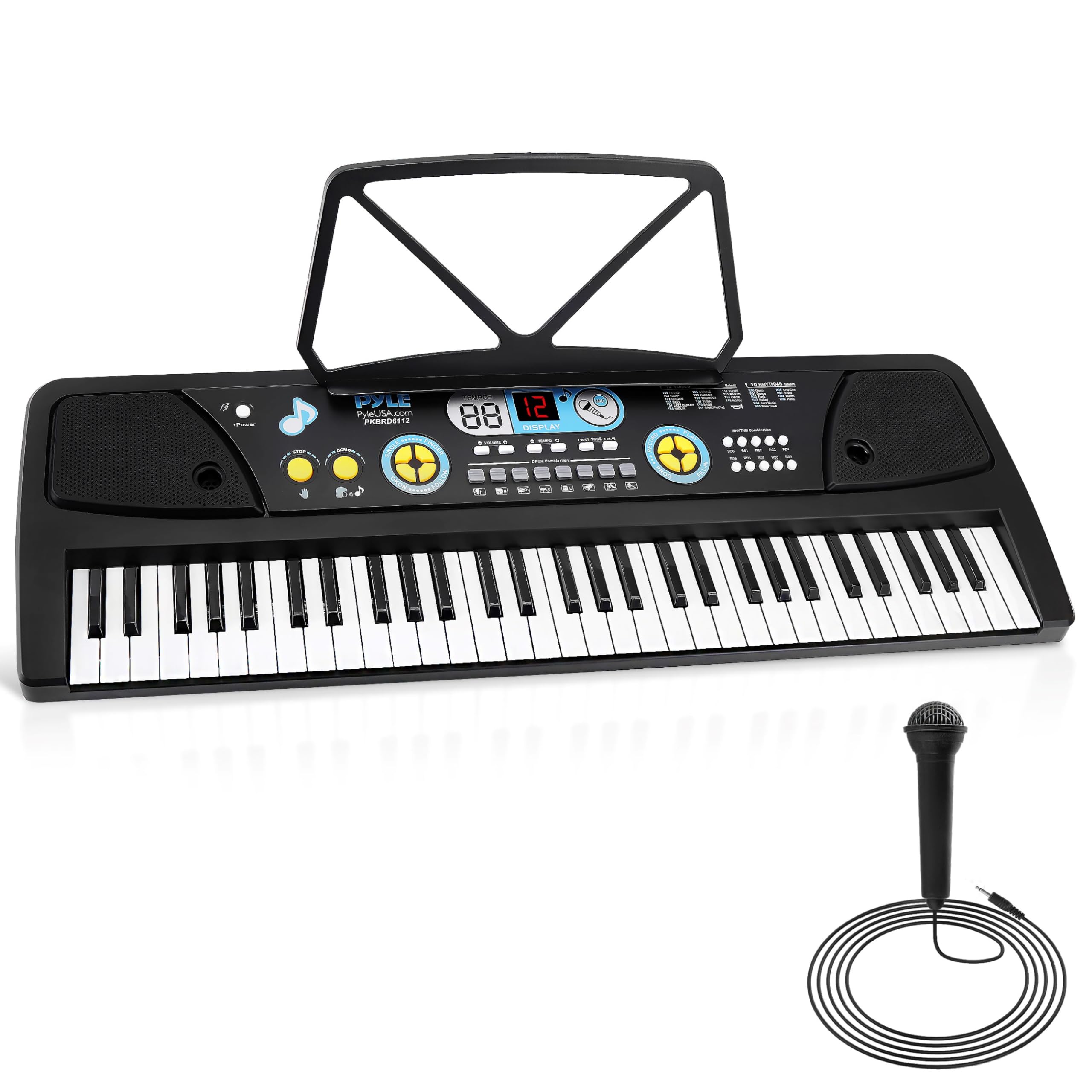 PYLE Electric Piano, Electric Keyboard Piano, Music Keyboard - 61 Keys, 16 Tones, 10 Rhythms, Stereo Speakers, Rechargeable Battery, Wired Microphone Included, Perfect for Kids and Beginners