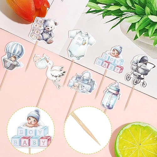 Miniatura 3 de 24 piezas de decoración para cupcakes para niños o niñas, pies con purpurina rosa o azul, pajarita, para revelación de género, decoración de