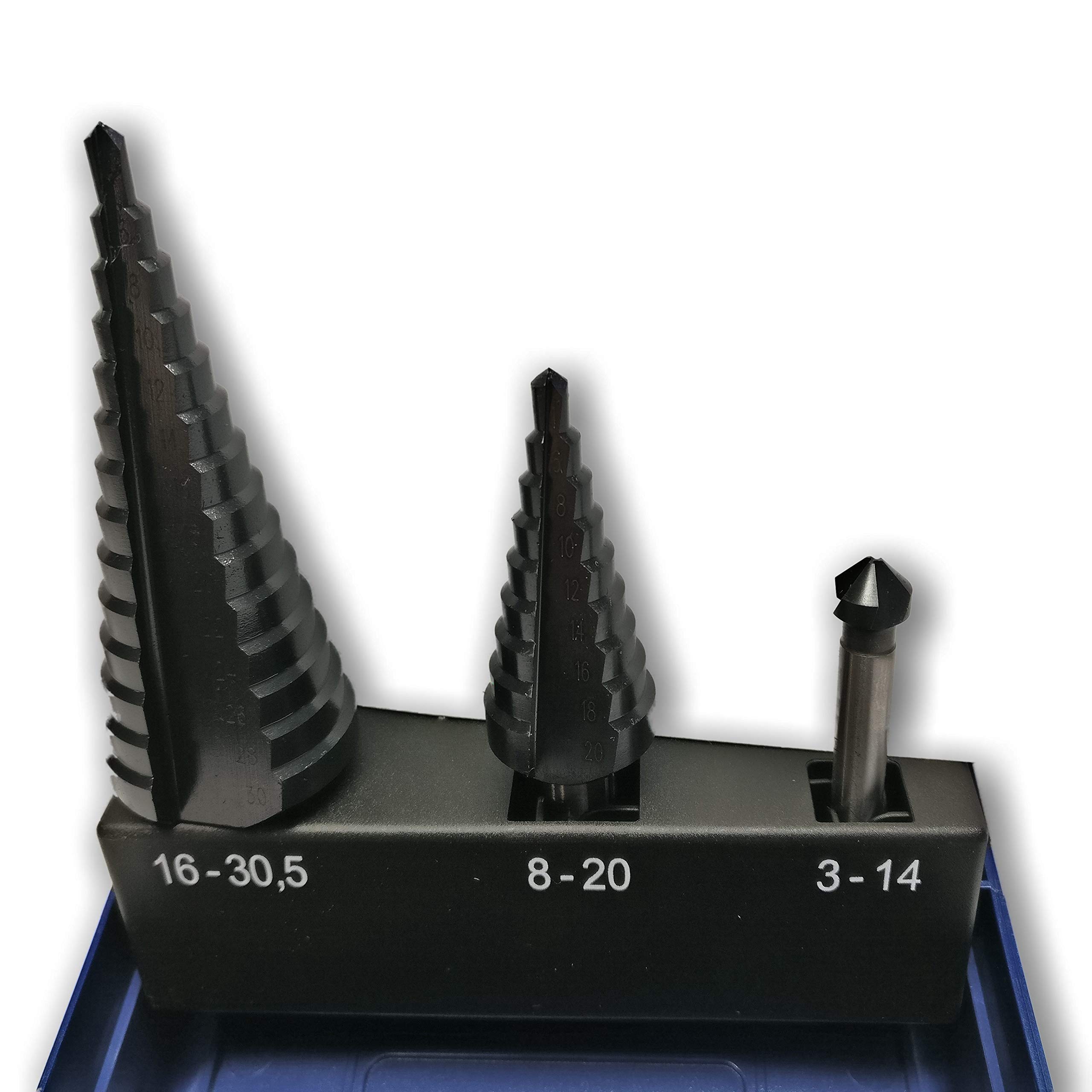 Set di 3 punte a gradini HSS-G, con rivestimento in TiAlN, 6-30 mm + 6-20 mm, con svasatore conico da 8,3 mm, in scatola Rosebox