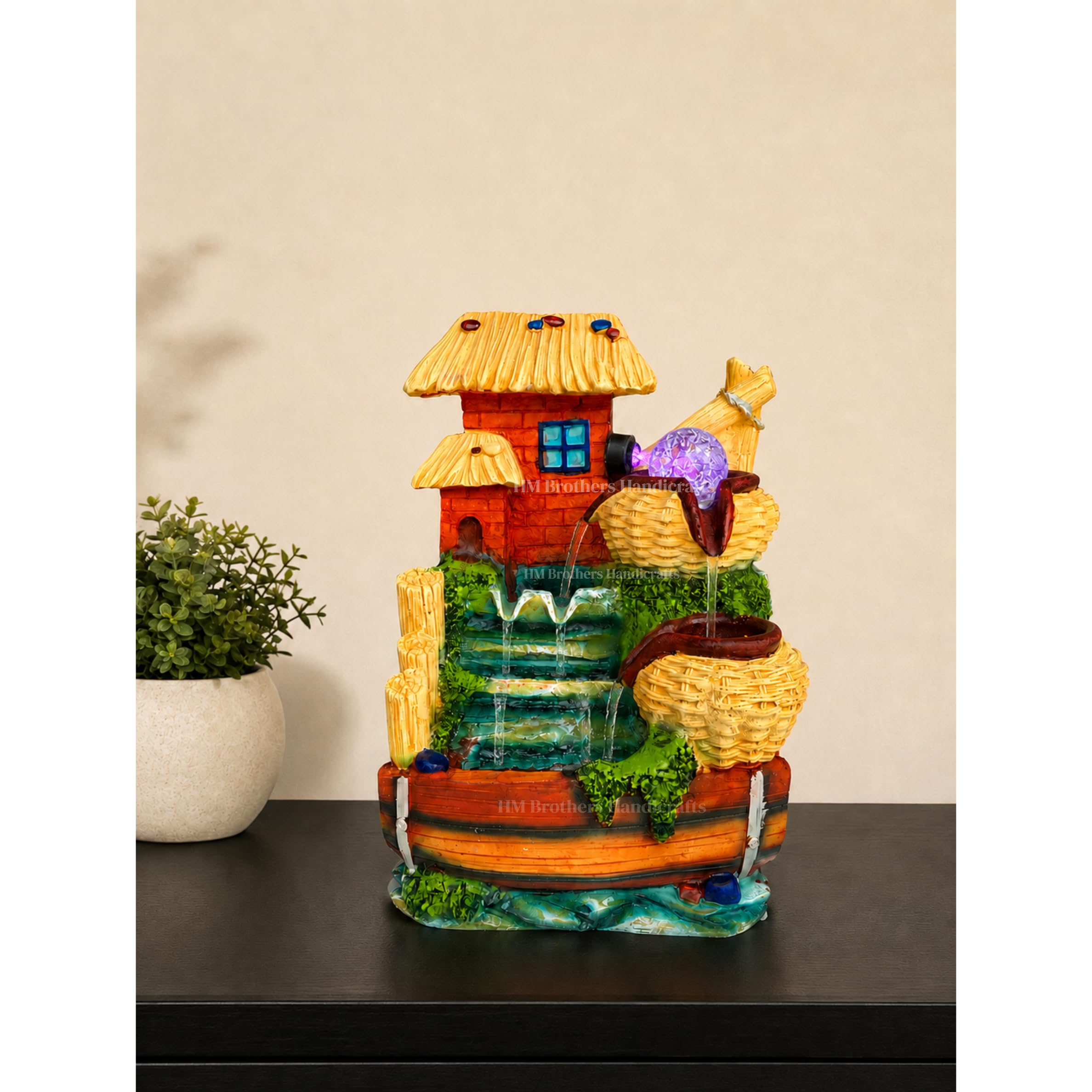 HM Brothers Multi Tier Village Hut Water Fountain with LED | Rotating Crystal Ball Indoor Tabletop Waterfall Cascading Basket Design | 14 Inch Showpiece for Home Decor, Office, Living Room Gift Items-image-39