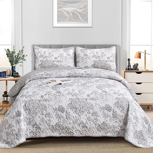 Miniatura 2 de WONGS BEDDING Juego de edredón gris tamaño King, juego de colchas botánicas de 3 piezas de microfibra ligera con patrón de plantas grises,