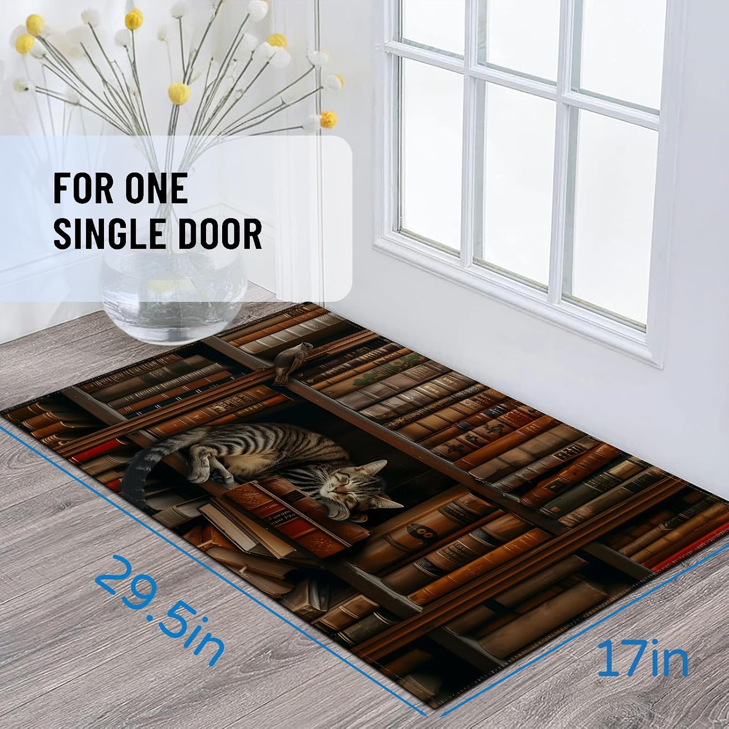 Cozy Cat Library Indoor Door Mat 29.5x17in,Non Slip Backing Vintage Book Shelf Floor Mats,Non Woven Entryway Rug,Welcome Rugs Decor,for Entrance Inside Porch Kitchen,Practical Doormats Gifts