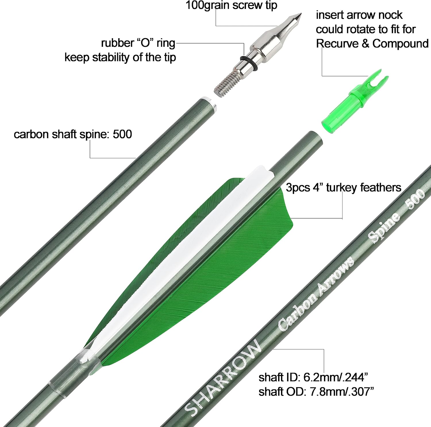 31" Carbon Arrows Archery Hunting Arrows 500 Spine with Feathers Fletched Target Practice Arrows for Archery Compound & Recurve & Long Bow 6/12pcs