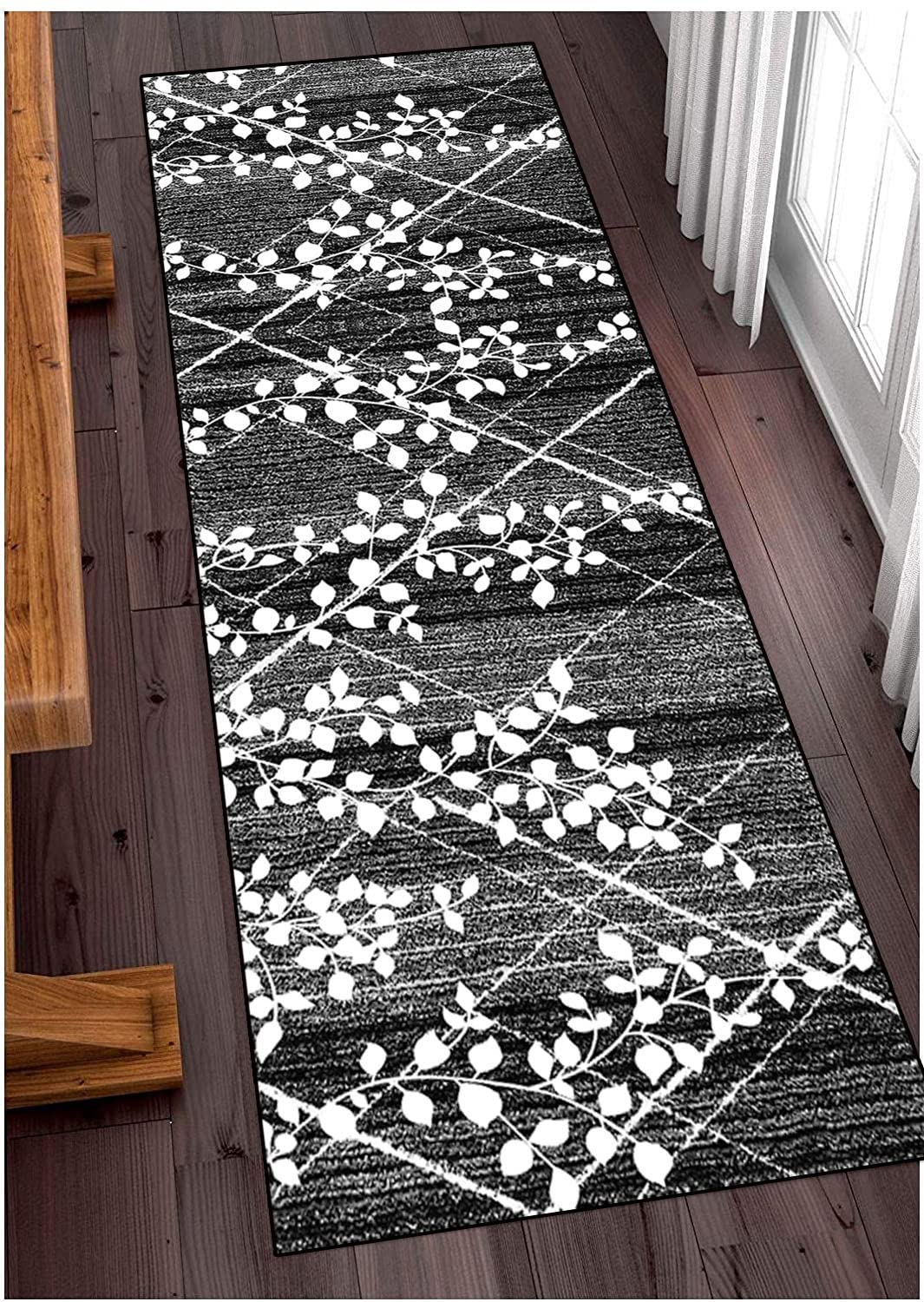 ZUZEKU Loper, antislip, per meter, zwart, blauw, wit, 70 x 250 cm, gangloper, tapijtloper, voor gang, keuken, slaapkamer, eetkamer, polyester, per meter aanpasbaar