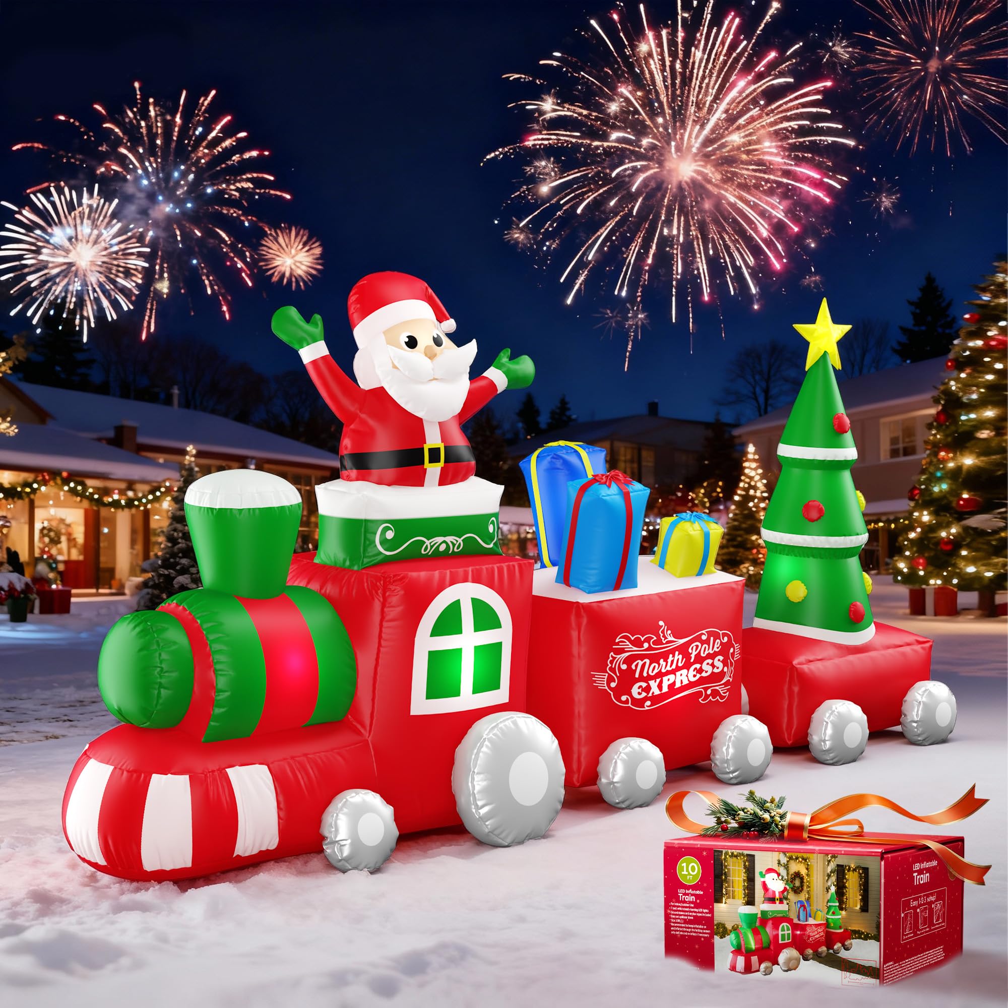 10FT Christmas Inflatable Train with Santa Claus, Gift Boxes, Christmas Trees, Built-in Lights, 2026 Yard Decor Giant Blow Up Santa Train, Lovely Holiday Winter Decor for Party Garden Lawn