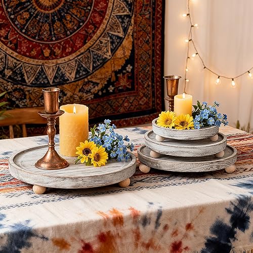 Miniatura 8 de Juego de bandejas de madera para velas de 4 tamaños, soporte redondo para velas, decoración rústica del hogar para velas de té, centro de mesa