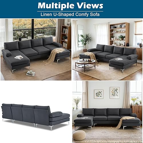 Miniatura 4 de VINGLI Sofá modular moderno en forma de U de 110 pulgadas para sala de estar, sofá seccional gris profundo con diván doble para muebles del hogar