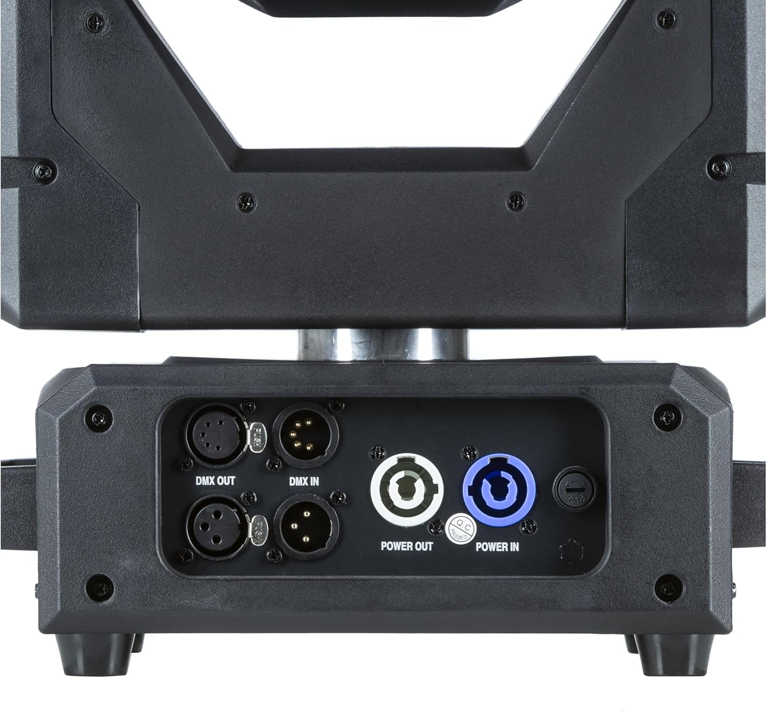 Close-up of DMX In/Out and Power In/Out connections on lightmaXX VEGA Dusk BSW