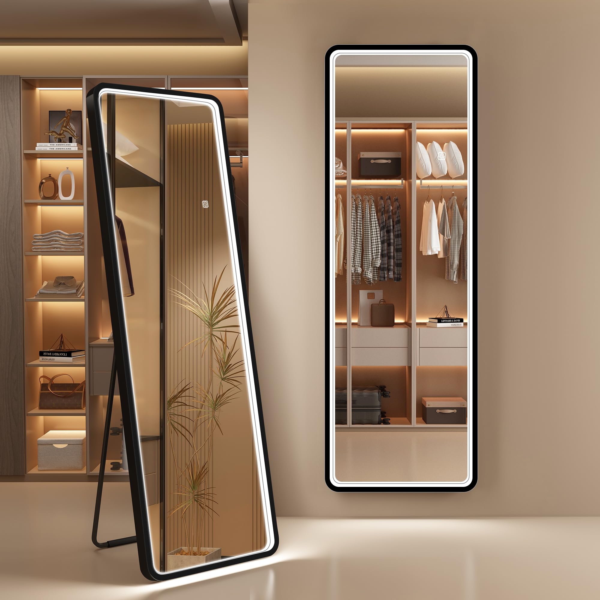 S'bagno Espejo de Pie Cuerpo Entero con Luz 160x50cm, Marco de Aluminio, Espejo Cuerpo Entero 3000-6500K & Función de Memoria, Vidrio Reforzado, Espejo Grande para Vestuarios y Dormitorio, Negro