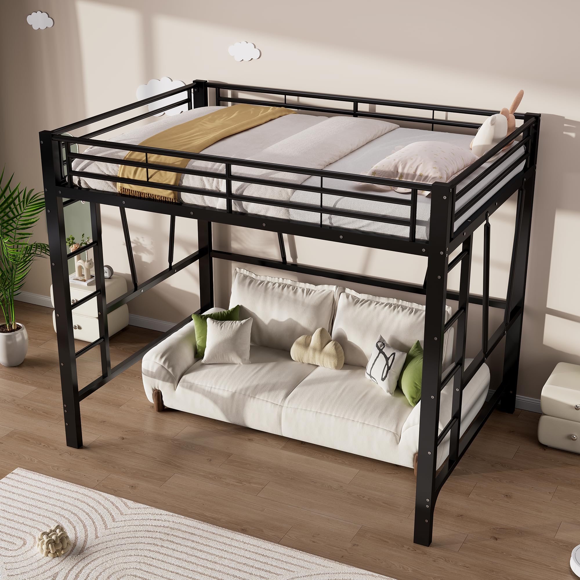Lcoho Cama alta de 140 x 200 cm, estructura de metal, escalera doble, diseño abierto debajo de la cama, sin colchón, color negro.