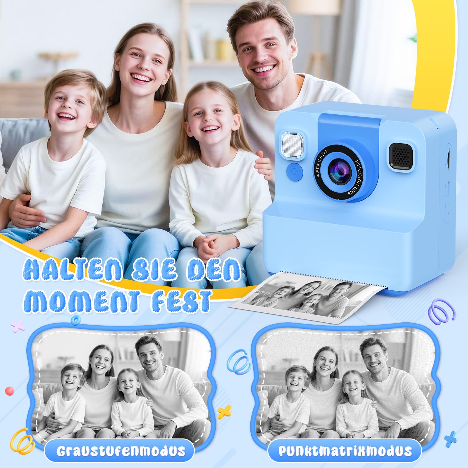 Macchina Fotografica Bambini，2.4" HD 1080P Macchina Fotografica Bambini Istantanea Regalo Bambino 3-10 Anni Maschio Fotocamera Istantanea 32GB Scheda & Papier Photo Regalo Natale (Blu)