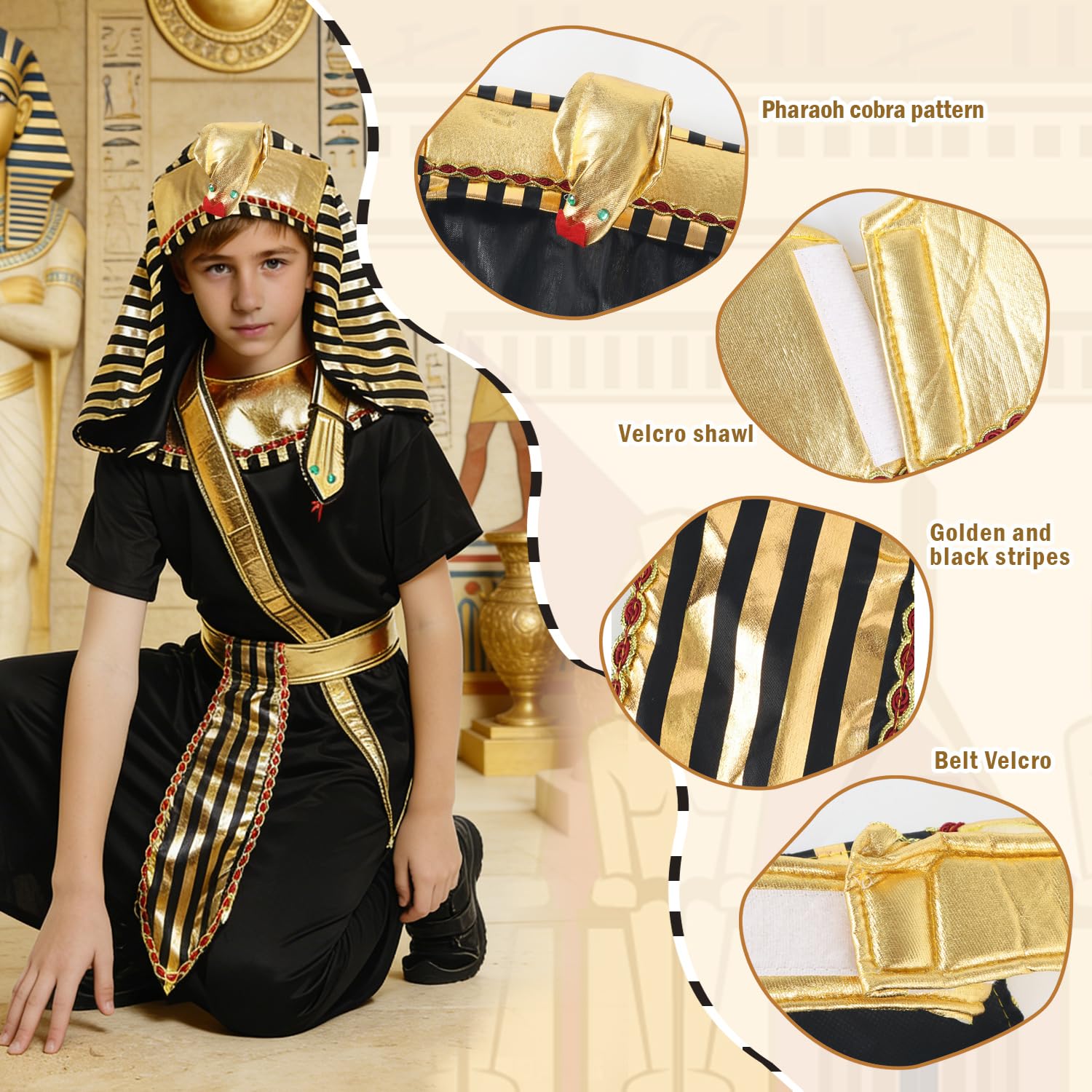 KumSoomliy Boys Egyptian Costumes for World Book Day Kids Fancy Dress Ancient Egyptian King Costume for Boys Age 7-8 Years - Image 4
